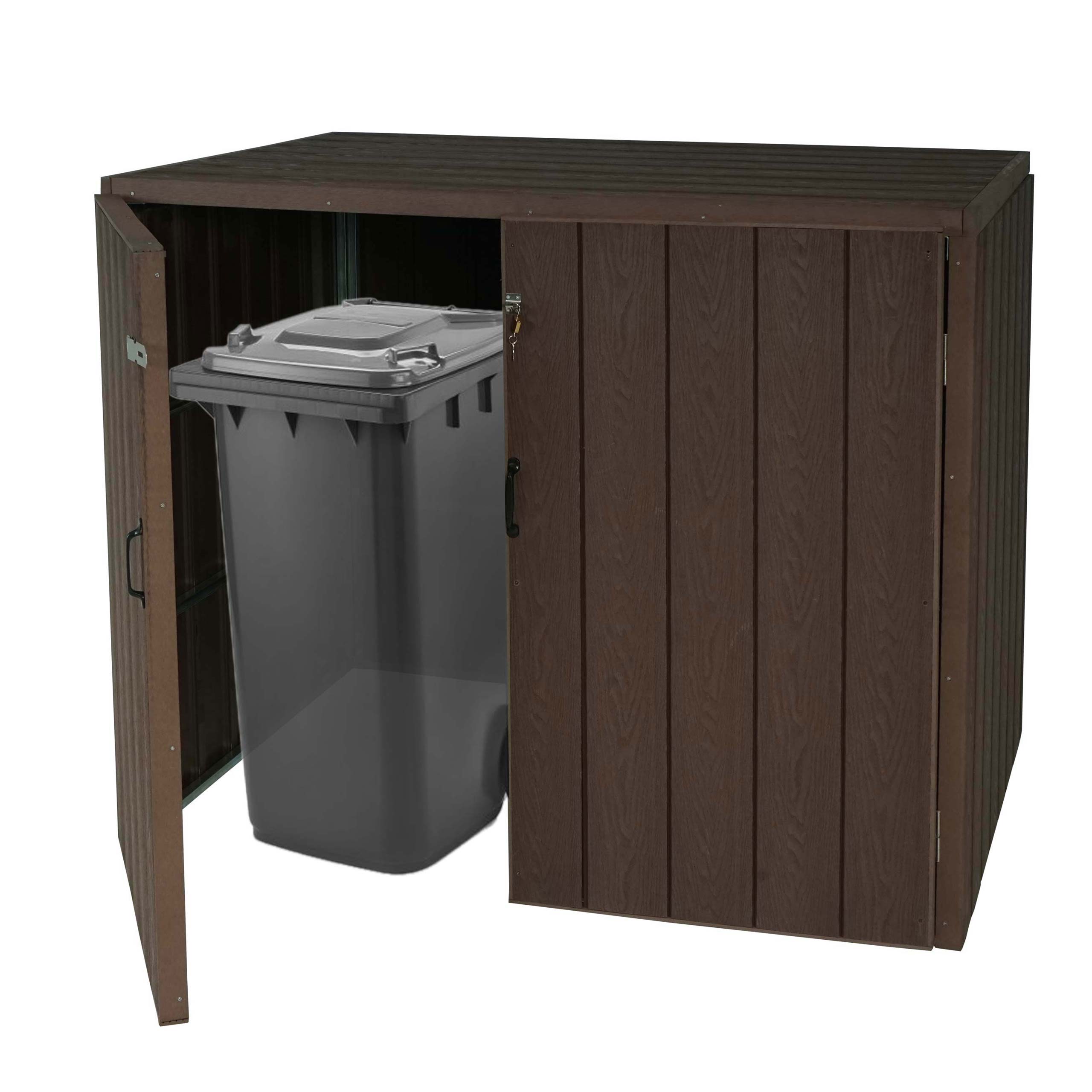 2er WPC-M&uuml;lltonnenverkleidung MCW-J28, Premium M&uuml;lltonnenbox, Metall Holzoptik, erweiterbar ~ braun - Bild 1