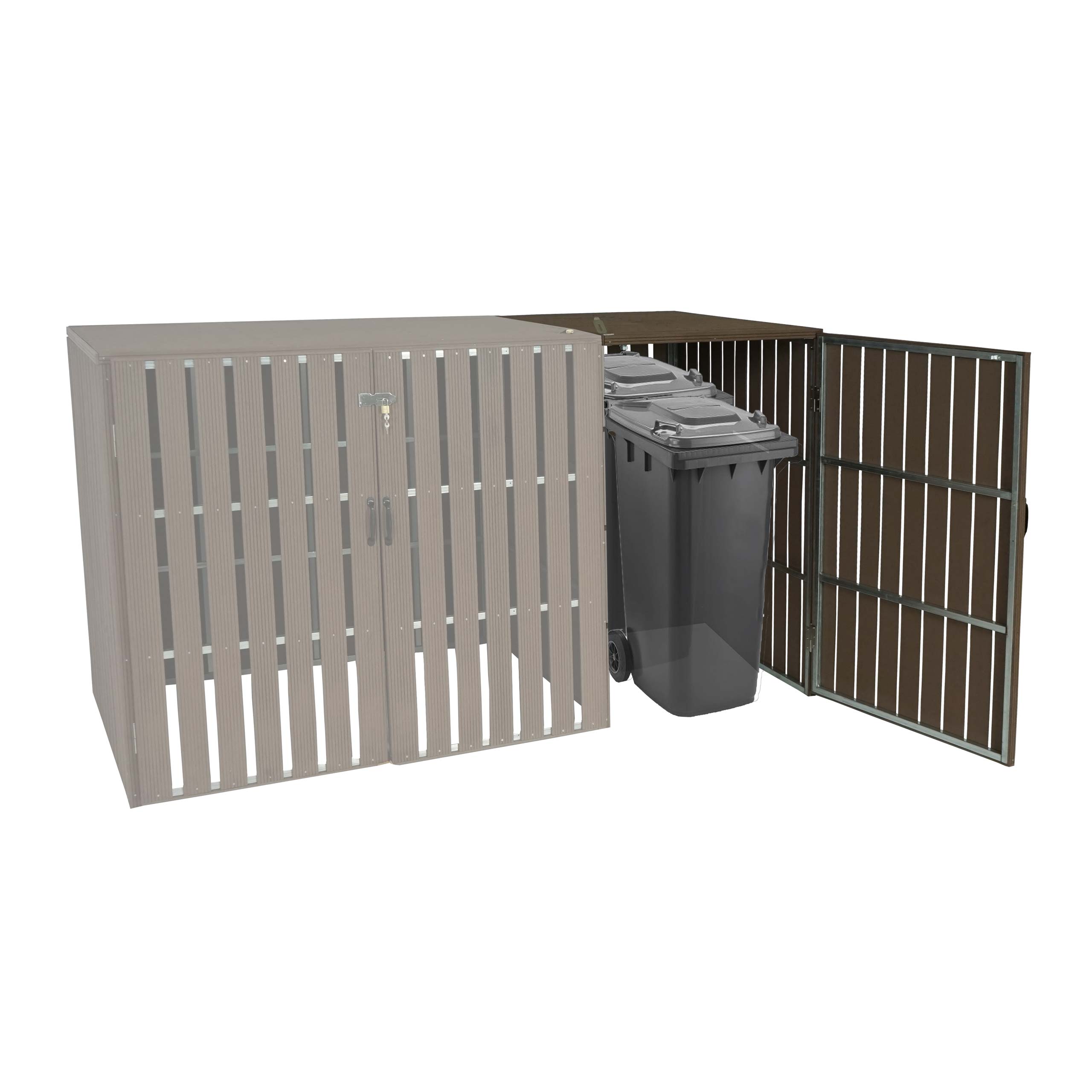 XL 1er-/2er-WPC-M&uuml;lltonnenverkleidung Erweiterung MCW-J28, M&uuml;lltonnenbox, Metall Holzoptik ~ braun - Bild 1