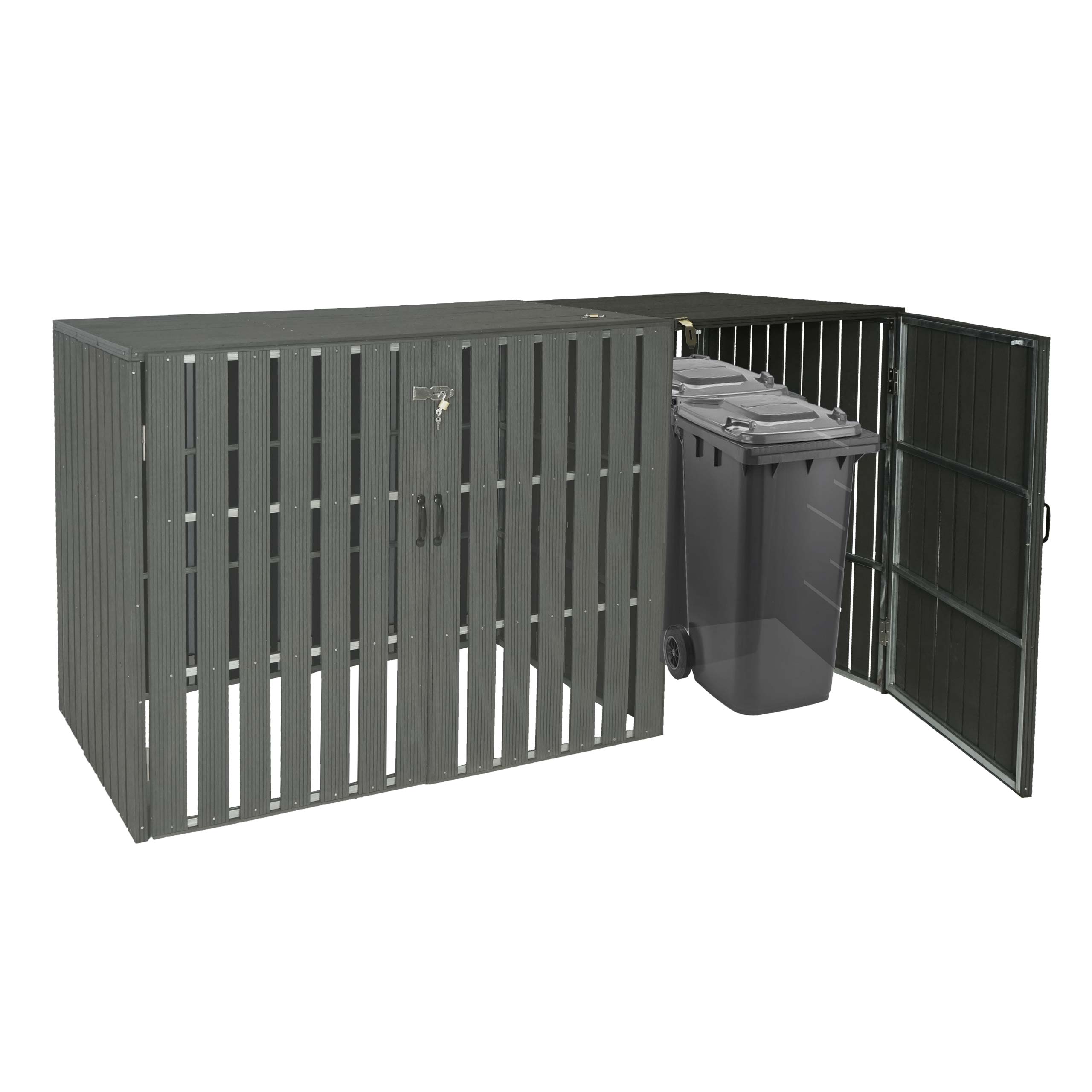 XL 1er-/2er-WPC-M&uuml;lltonnenverkleidung Erweiterung MCW-J28, M&uuml;lltonnenbox, Metall Holzoptik ~ anthrazit - Bild 1