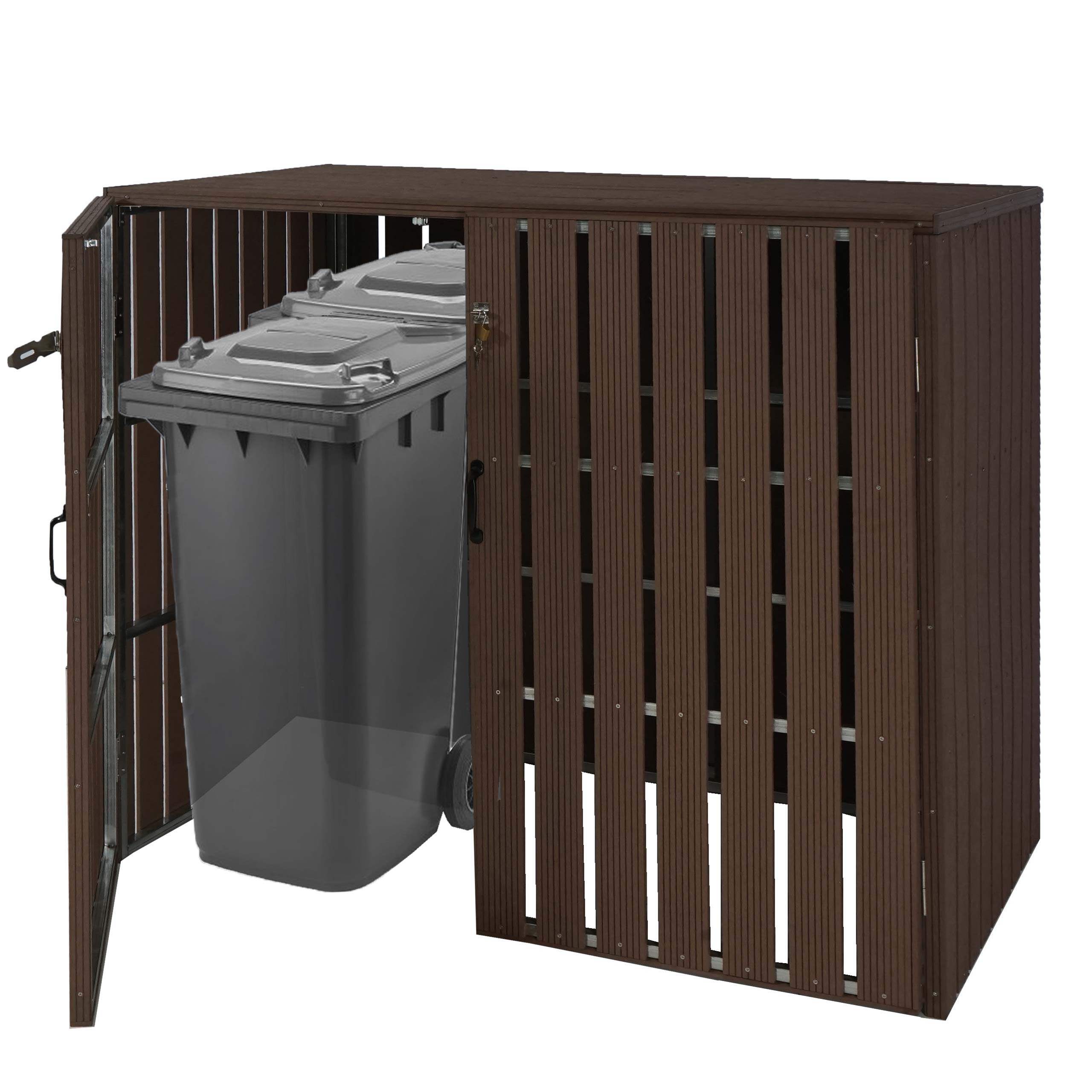 XL 2er-/4er-WPC-M&uuml;lltonnenverkleidung MCW-J28, M&uuml;lltonnenbox, Metall Holzoptik, erweiterbar ~ braun - Bild 1