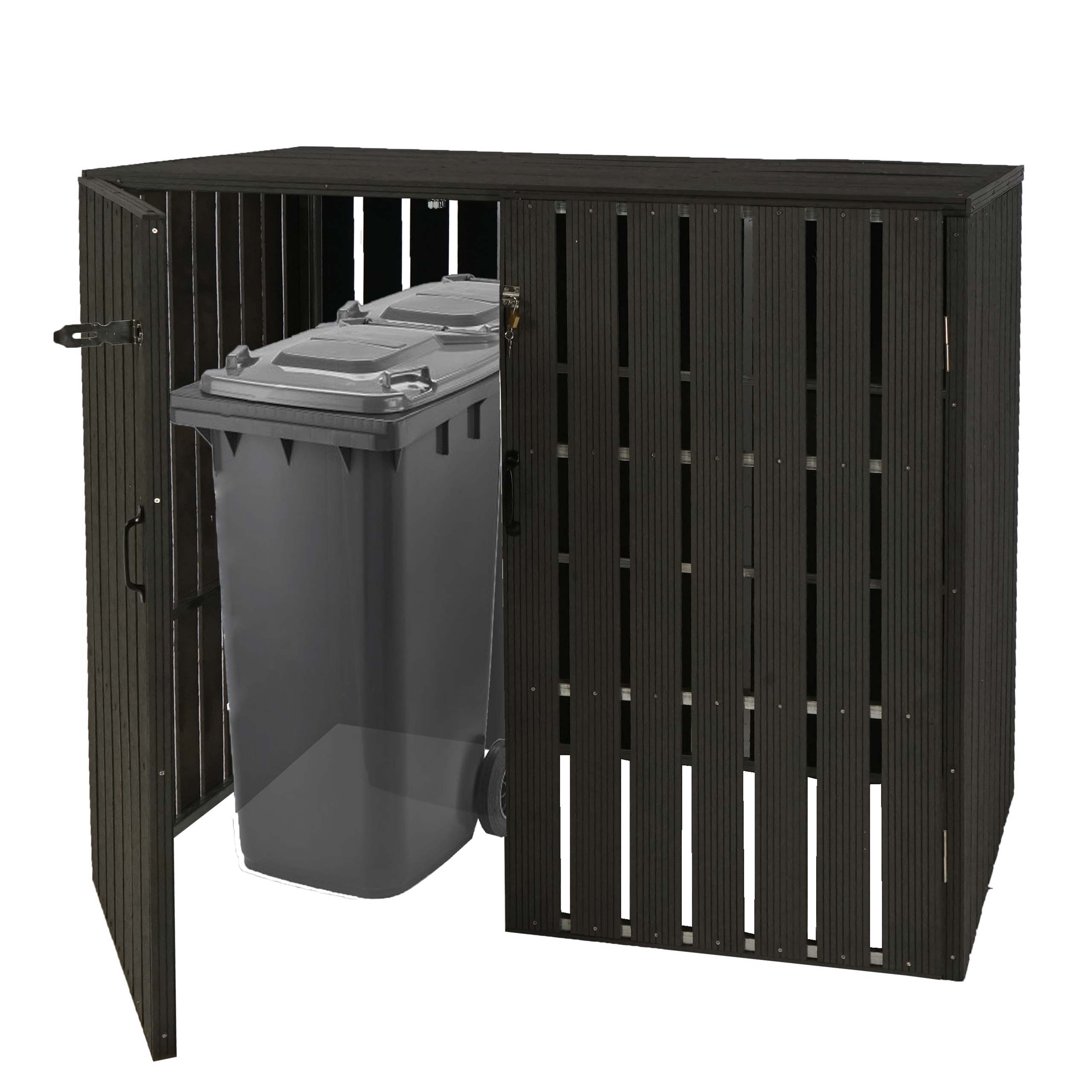 XL 2er-/4er-WPC-M&uuml;lltonnenverkleidung MCW-J28, M&uuml;lltonnenbox, Metall Holzoptik, erweiterbar ~ anthrazit - Bild 1