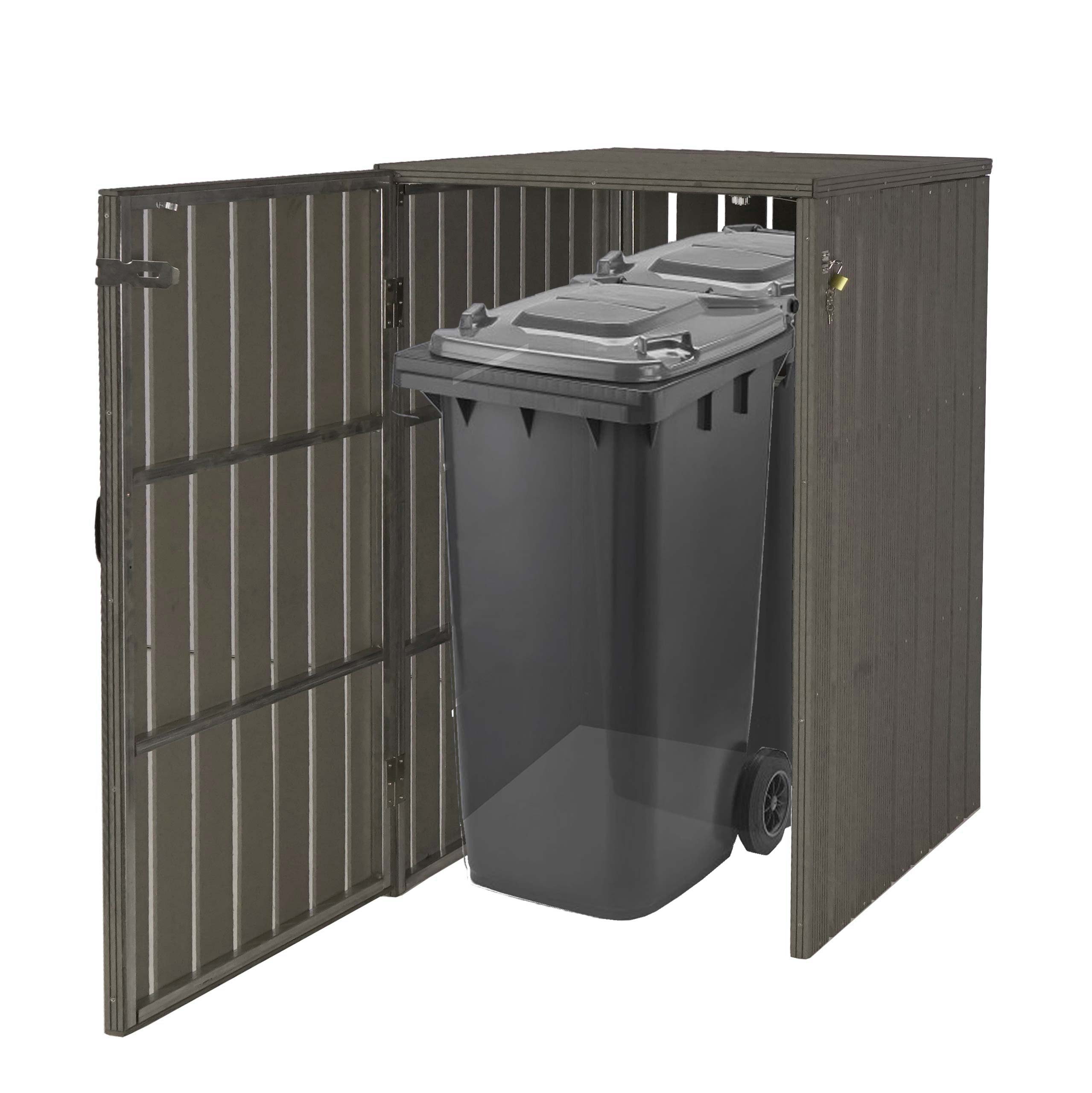XL 1er-/2er-WPC-M&uuml;lltonnenverkleidung MCW-J28, M&uuml;lltonnenbox, Metall Holzoptik, erweiterbar ~ grau - Bild 1