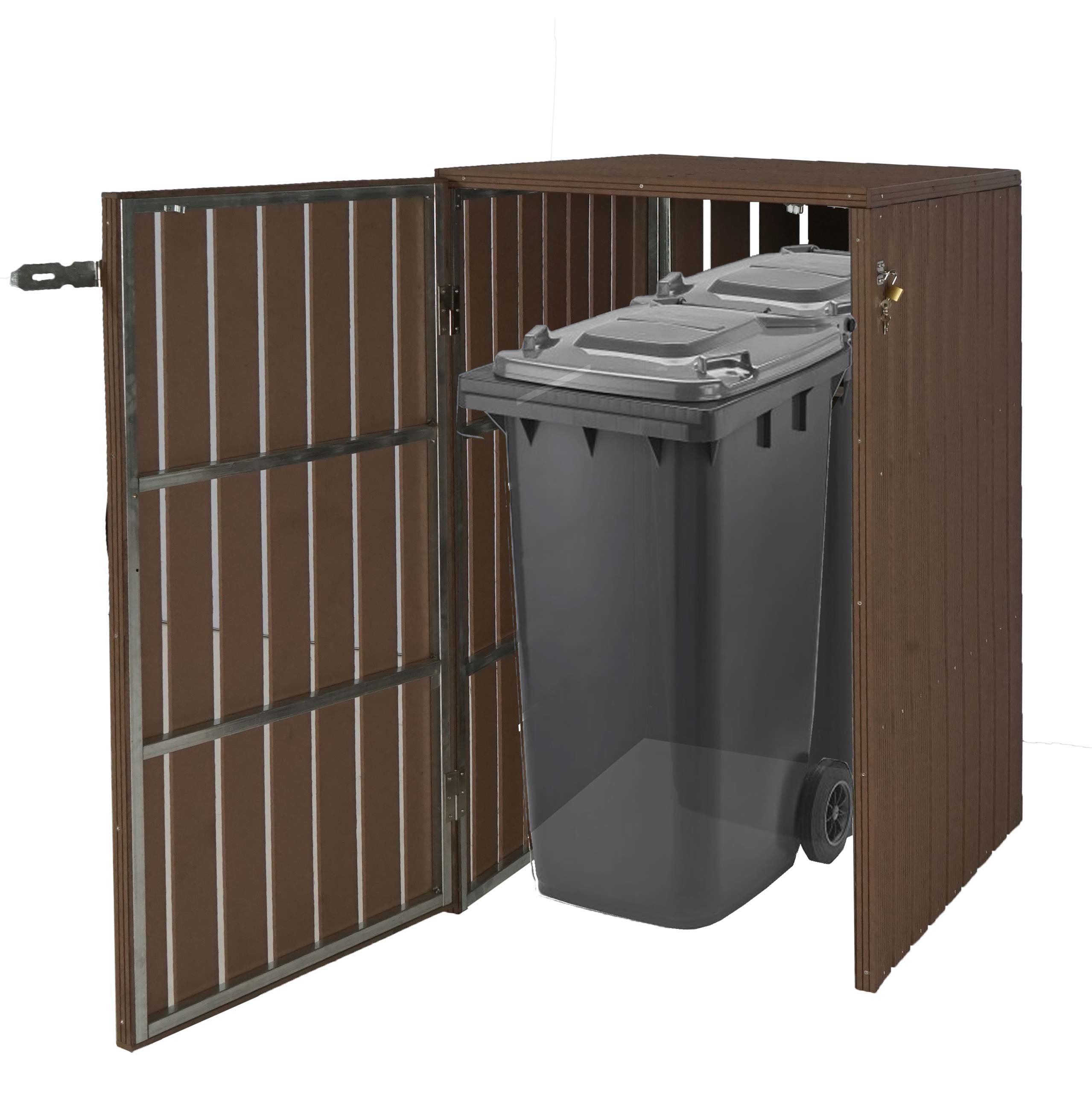 XL 1er-/2er-WPC-M&uuml;lltonnenverkleidung MCW-J28, M&uuml;lltonnenbox, Metall Holzoptik, erweiterbar ~ braun - Bild 1