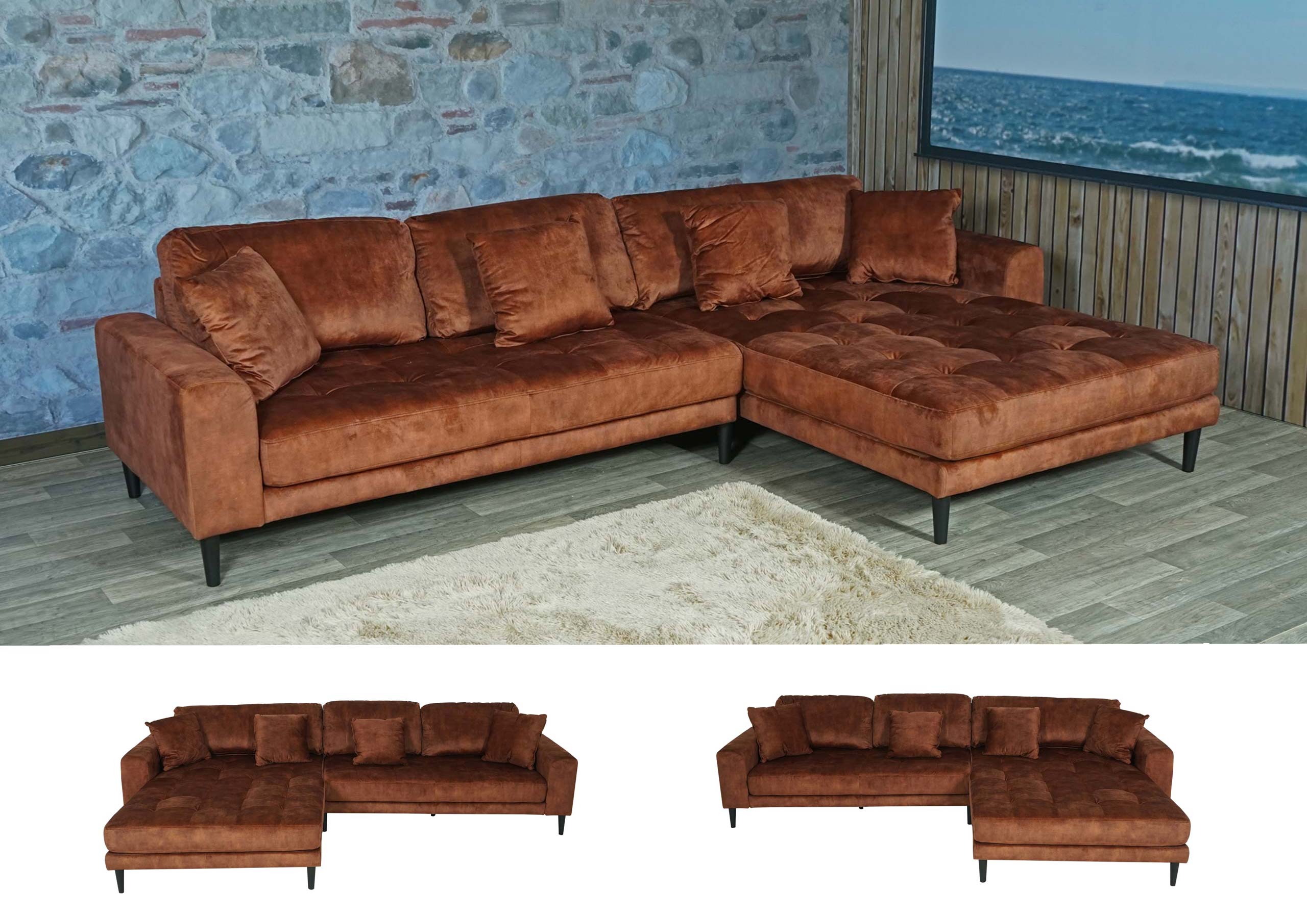 Ecksofa MCW-J54, Couch Sofa 3-Sitzer L-Form Liegefl&auml;che links/rechts 295cm ~ Samt rost-rot - Bild 1