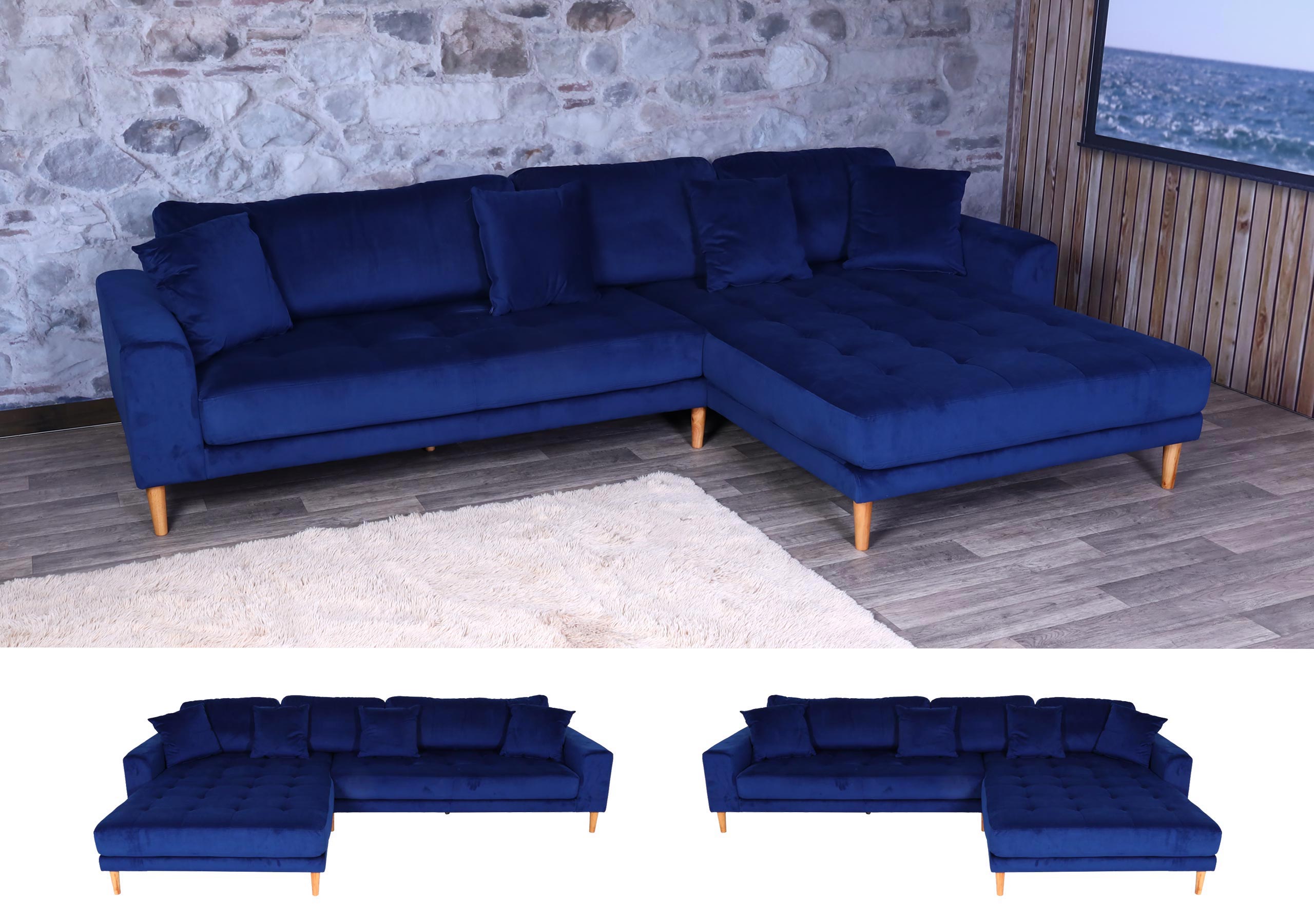 Ecksofa MCW-J54, Couch Sofa 3-Sitzer L-Form Liegefl&auml;che links/rechts 295cm ~ Samt blau - Bild 1