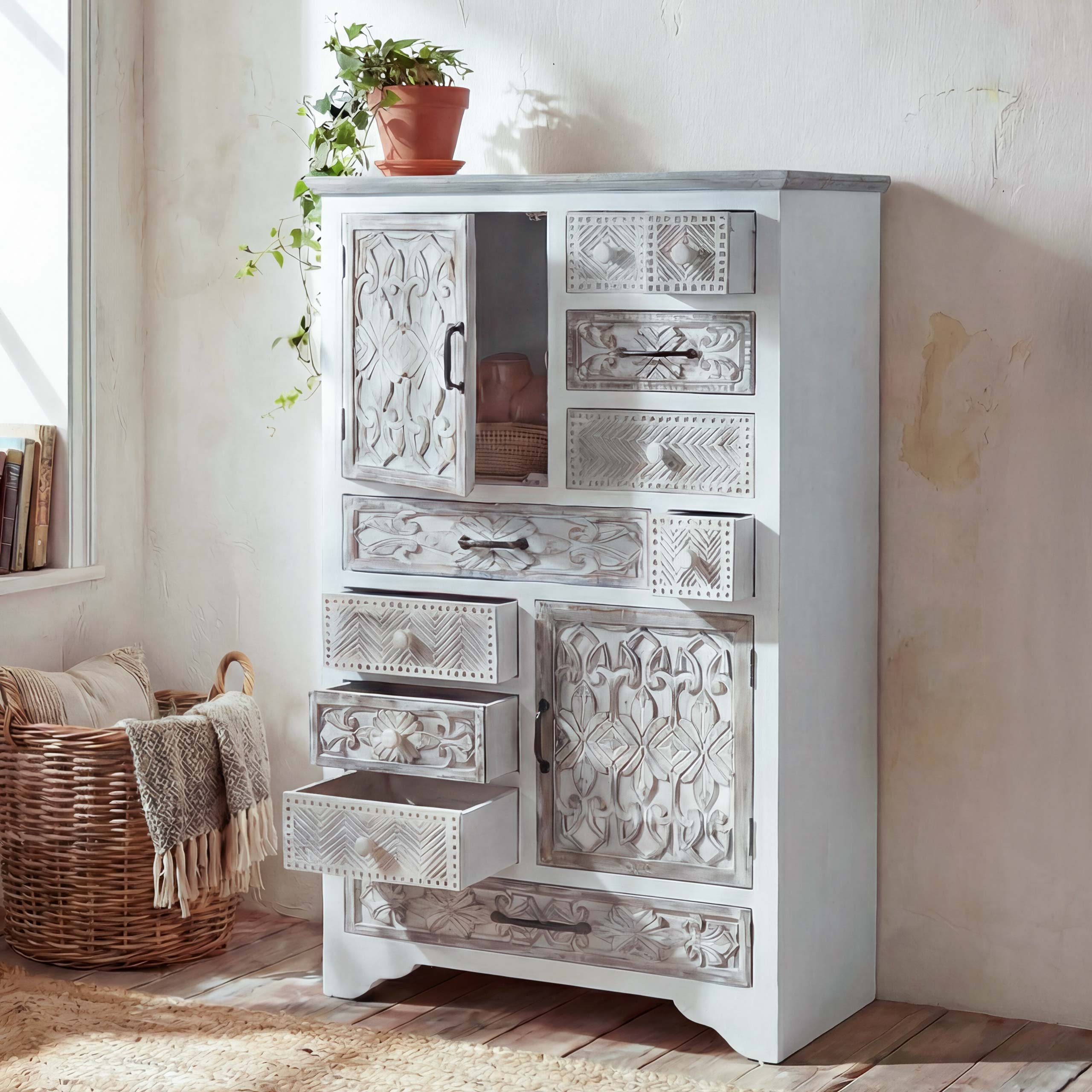 Apotheker Kommode MCW-J48, Schrank Schubladenkommode, Holz Schubladen, Shabby-Look Vintage 150x81x40cm, wei&szlig;-braun - Bild 1