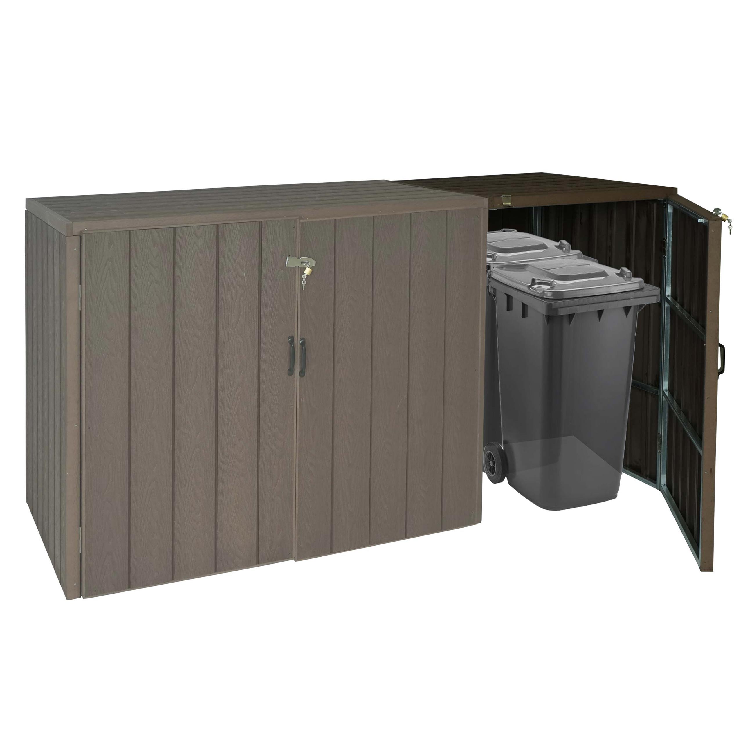 XL 1er-/2er-WPC-M&uuml;lltonnenverkleidung Erweiterung MCW-J28, Premium M&uuml;lltonnenbox, Metall Holzoptik ~ braun - Bild 1