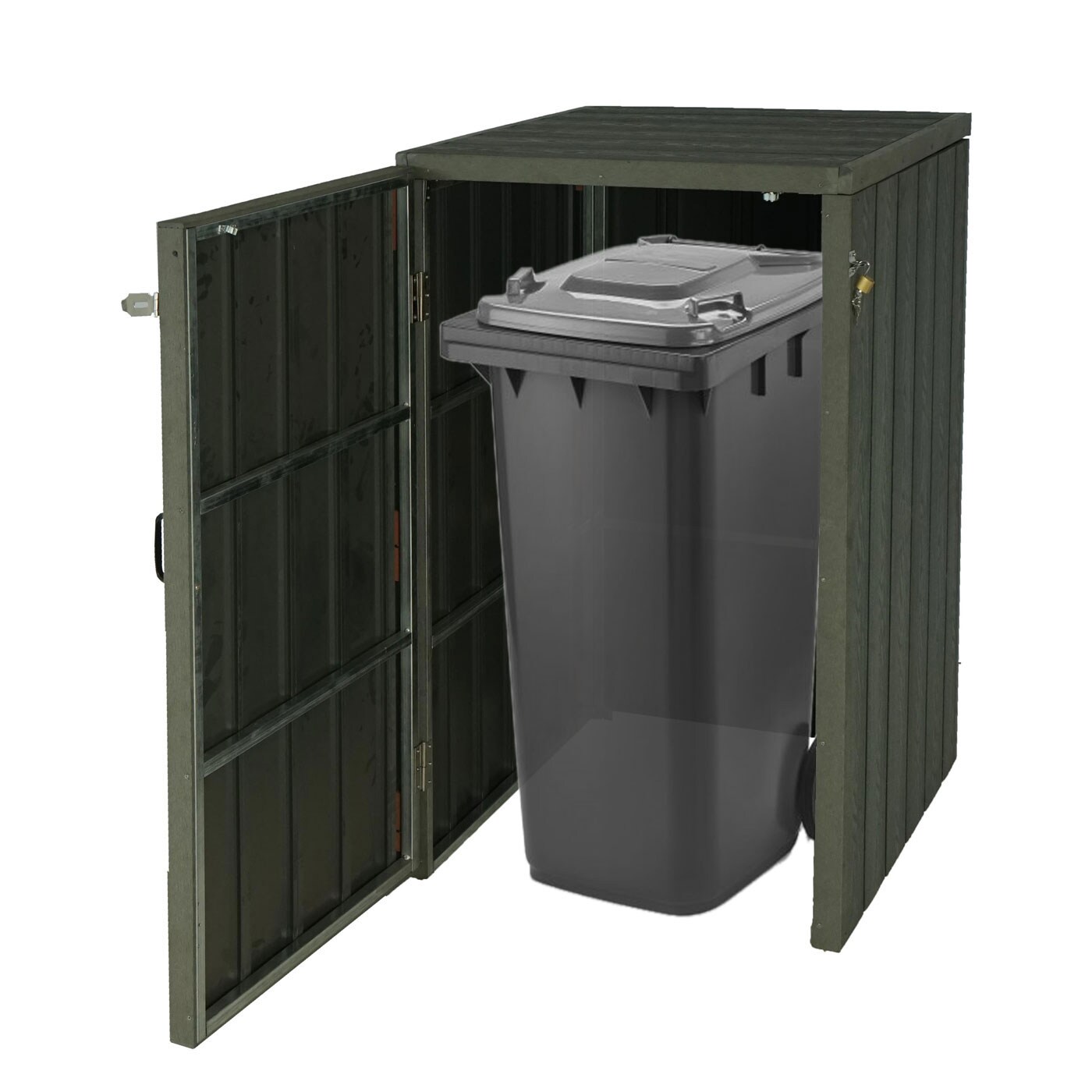1er WPC-Mülltonnenverkleidung MCW-J28, Premium Mülltonnenbox, Metall Holzoptik, erweiterbar ~ grau | 04057651499819
