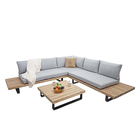 Garten-Garnitur MCW-H54, Garnitur Sitzgruppe Lounge-Set Sofa, Spun Poly Akazie Holz FSC-zertifiziert ~ Kissen hellgrau - Bild 1