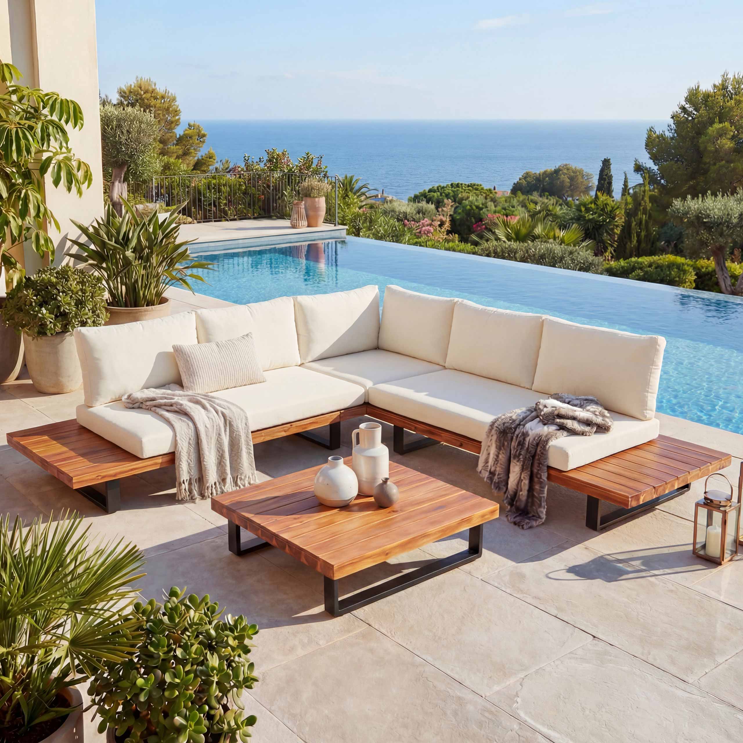 Garten-Garnitur MCW-H54, Garnitur Sitzgruppe Lounge-Set, Spun Poly Akazie Holz MVG Alu ~ braun, Polster cremewei&szlig; - Bild 1