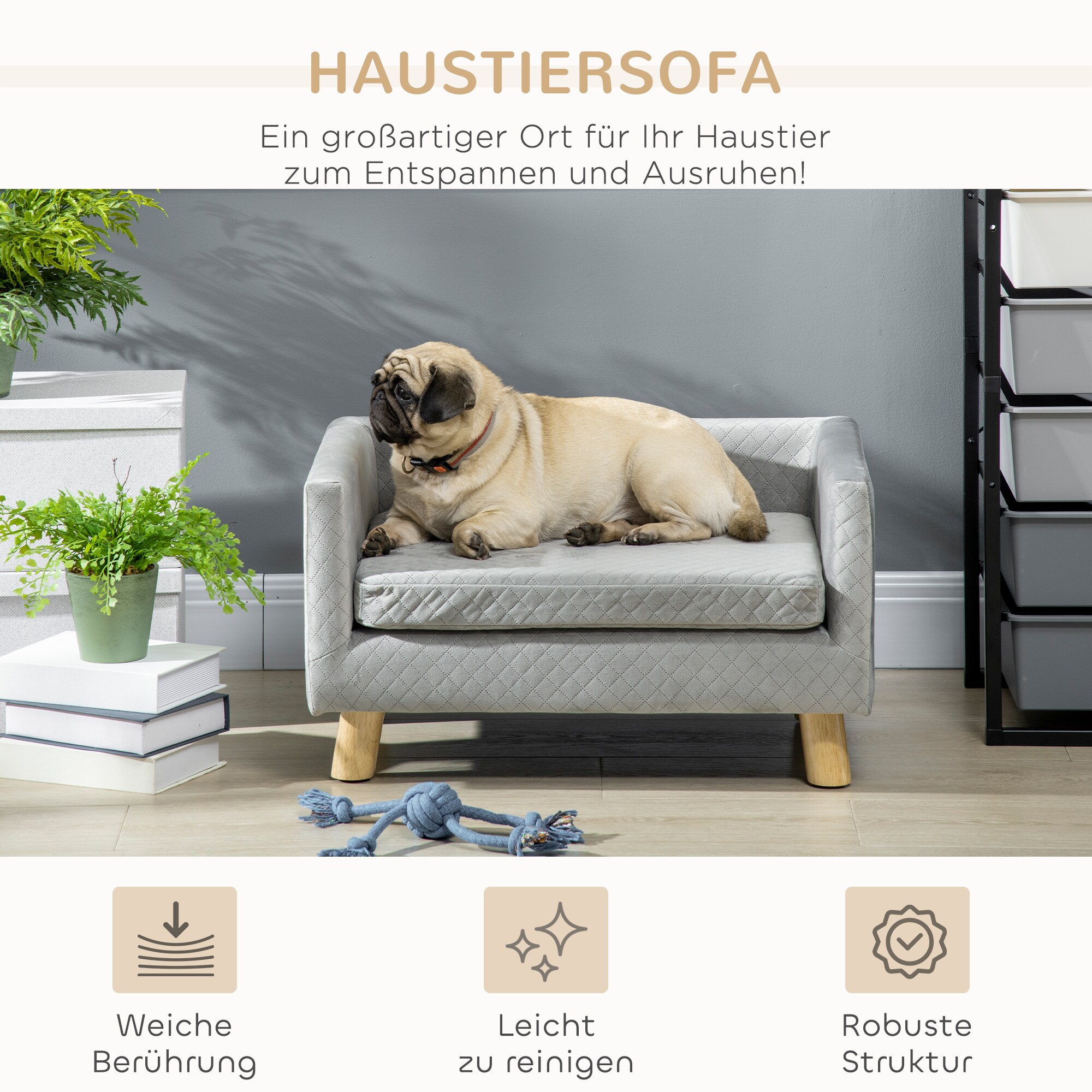 Haustier-Sofa Aus Samt & Leinen – 66x40x35 Cm, Mit Abnehmbarem Kissen Für Kleine Hunde & Katzen (dunkelgrau)