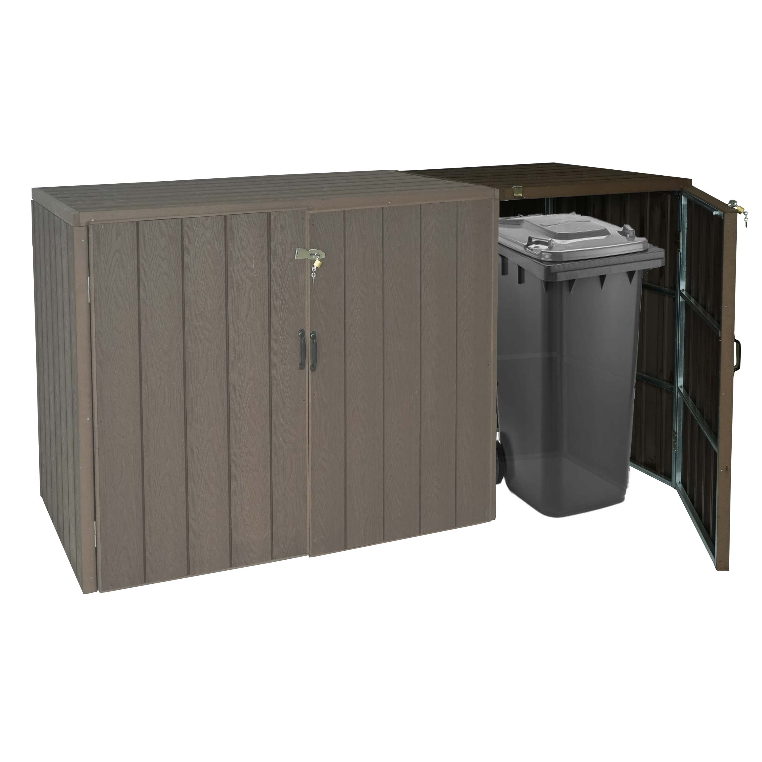 1er WPC-M&uuml;lltonnenverkleidung Erweiterung MCW-J28, Premium M&uuml;lltonnenbox, Metall Holzoptik ~ braun - Bild 1