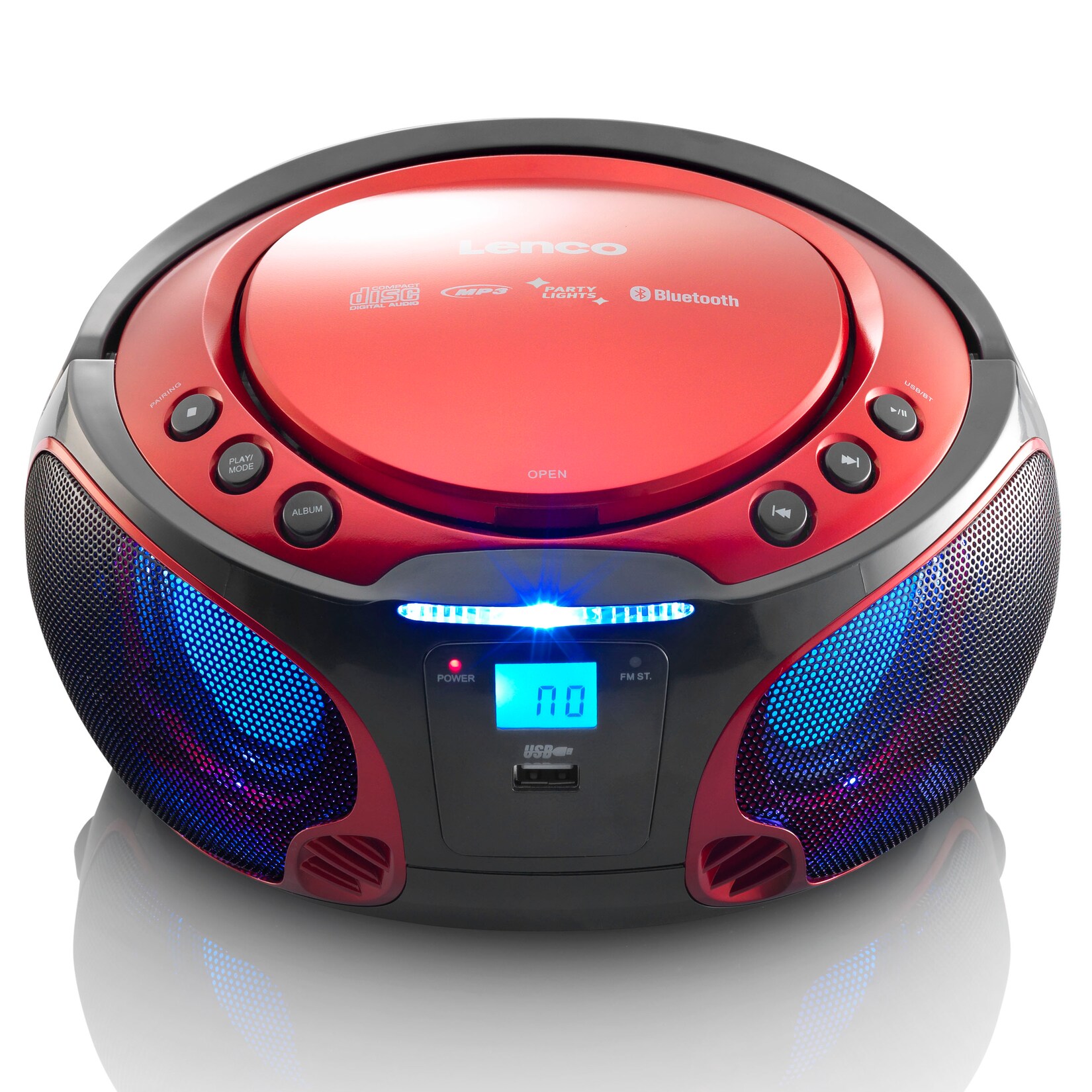 Lenco SCD-550RD – Tragbares FM-Radio mit CD/MP3-Player – Bluetooth – USB-Anschluß – Lichteffekte – Kopfhörerausgang – Rot | 08711902034872
