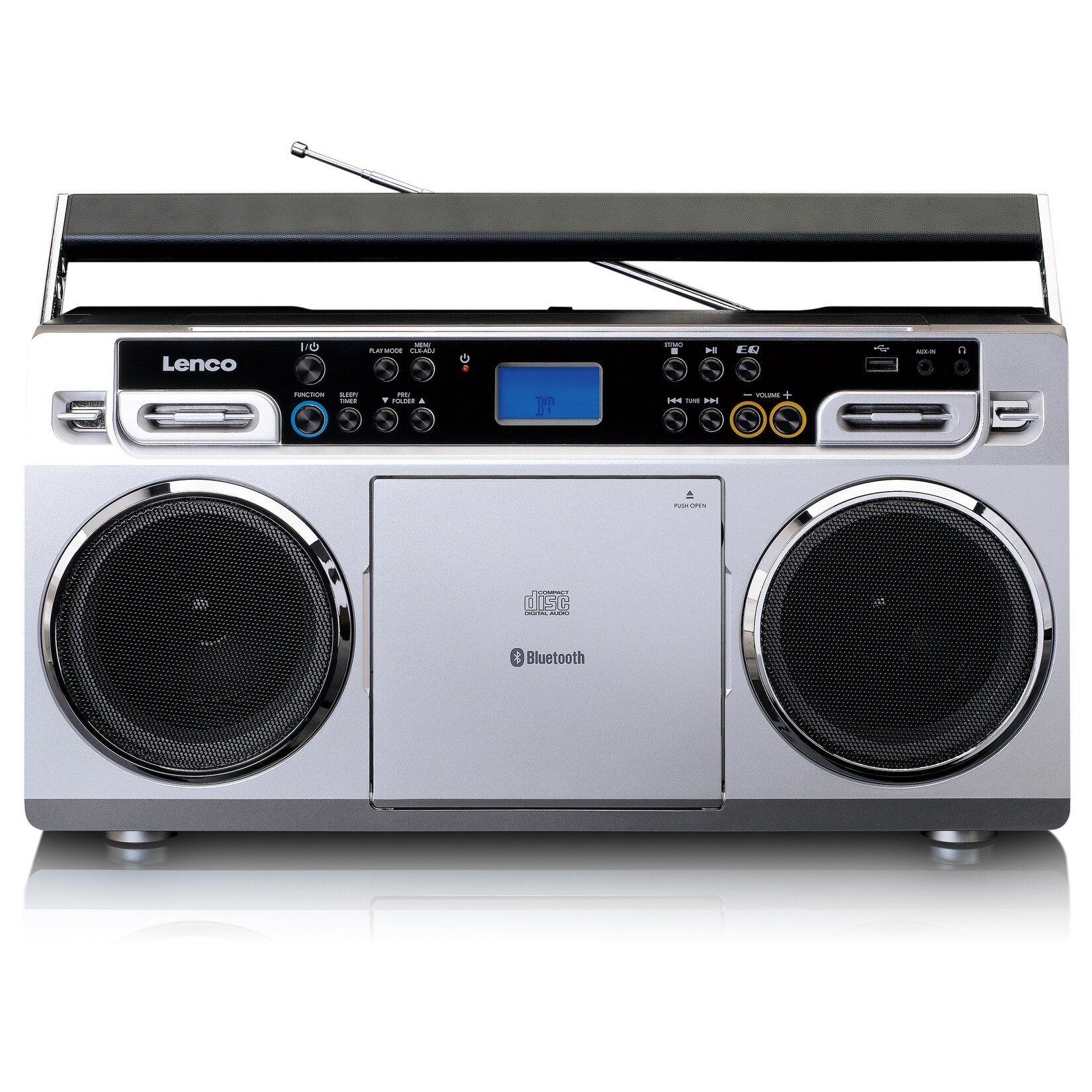 Lenco SCD-580SI – Tragbare Retro Boombox mit FM-Radio und CD/MP3-Player – Bluetooth – 2 x 5 Watt RMS – USB-Eingang – Silber | 08711902041405