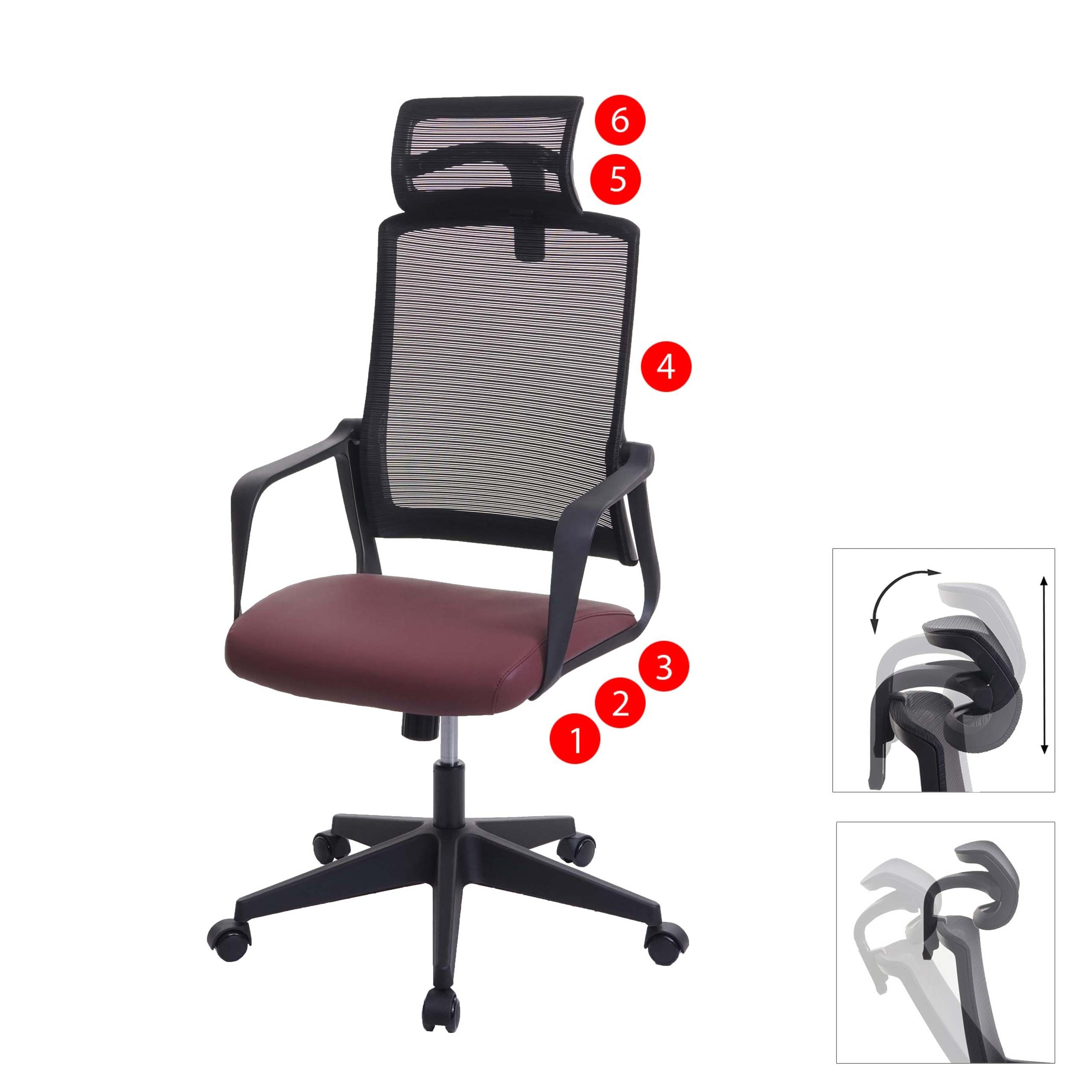 B&uuml;rostuhl MCW-J52, Drehstuhl Schreibtischstuhl, ergonomisch Kopfst&uuml;tze, Kunstleder ~ bordeaux-rot - Bild 1
