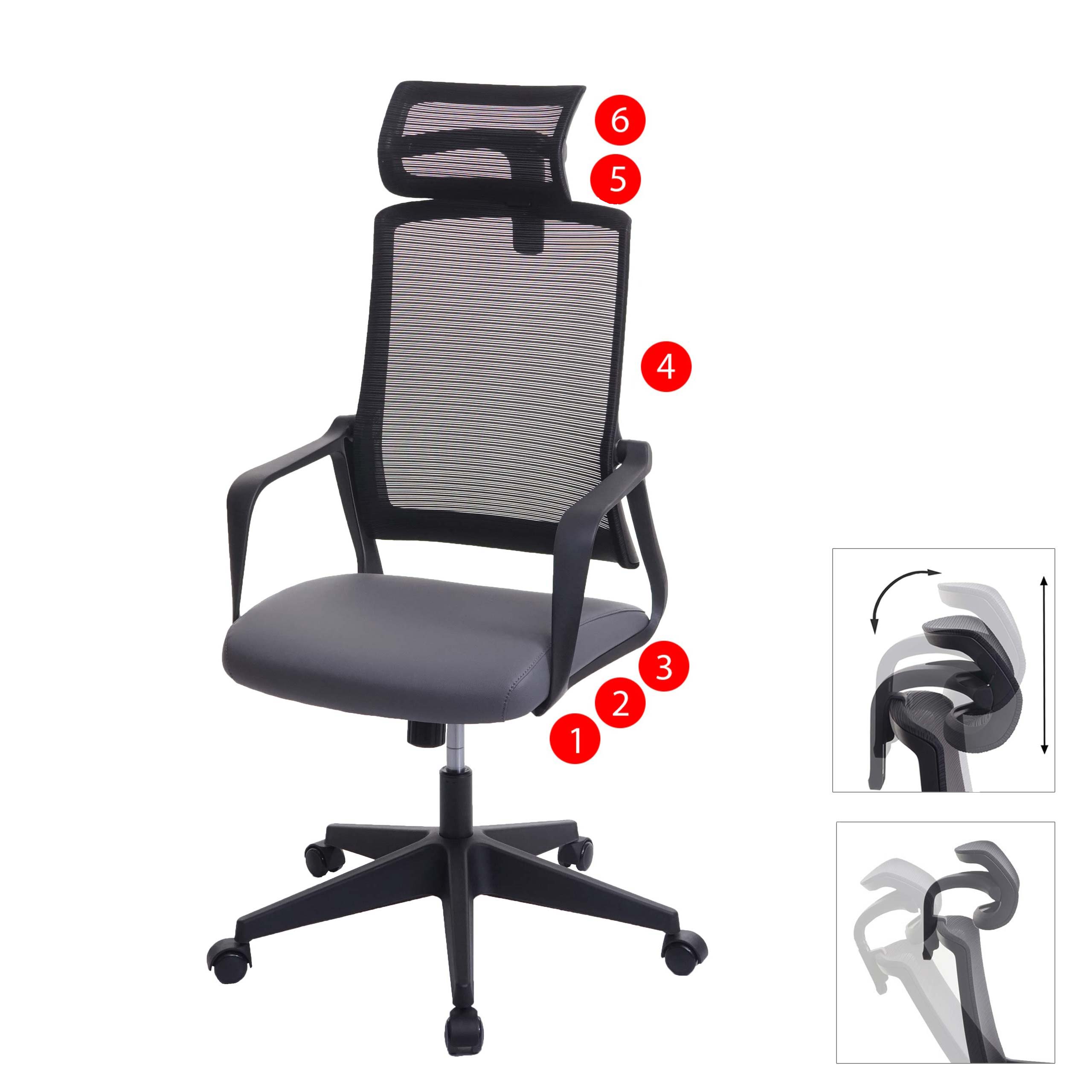 B&uuml;rostuhl MCW-J52, Drehstuhl Schreibtischstuhl, ergonomisch Kopfst&uuml;tze, Kunstleder ~ grau - Bild 1