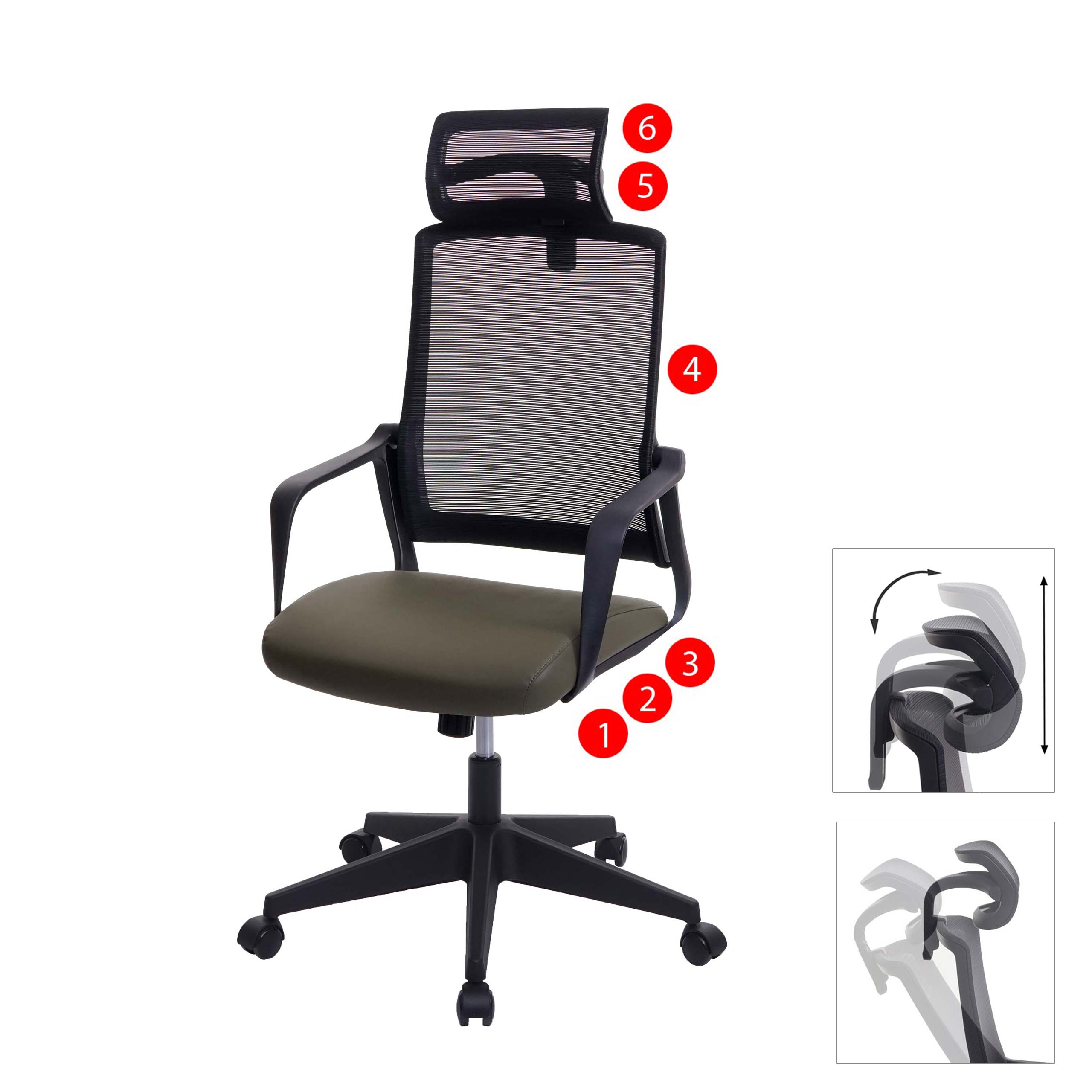 B&uuml;rostuhl MCW-J52, Drehstuhl Schreibtischstuhl, ergonomisch Kopfst&uuml;tze, Kunstleder ~ olivgr&uuml;n - Bild 1
