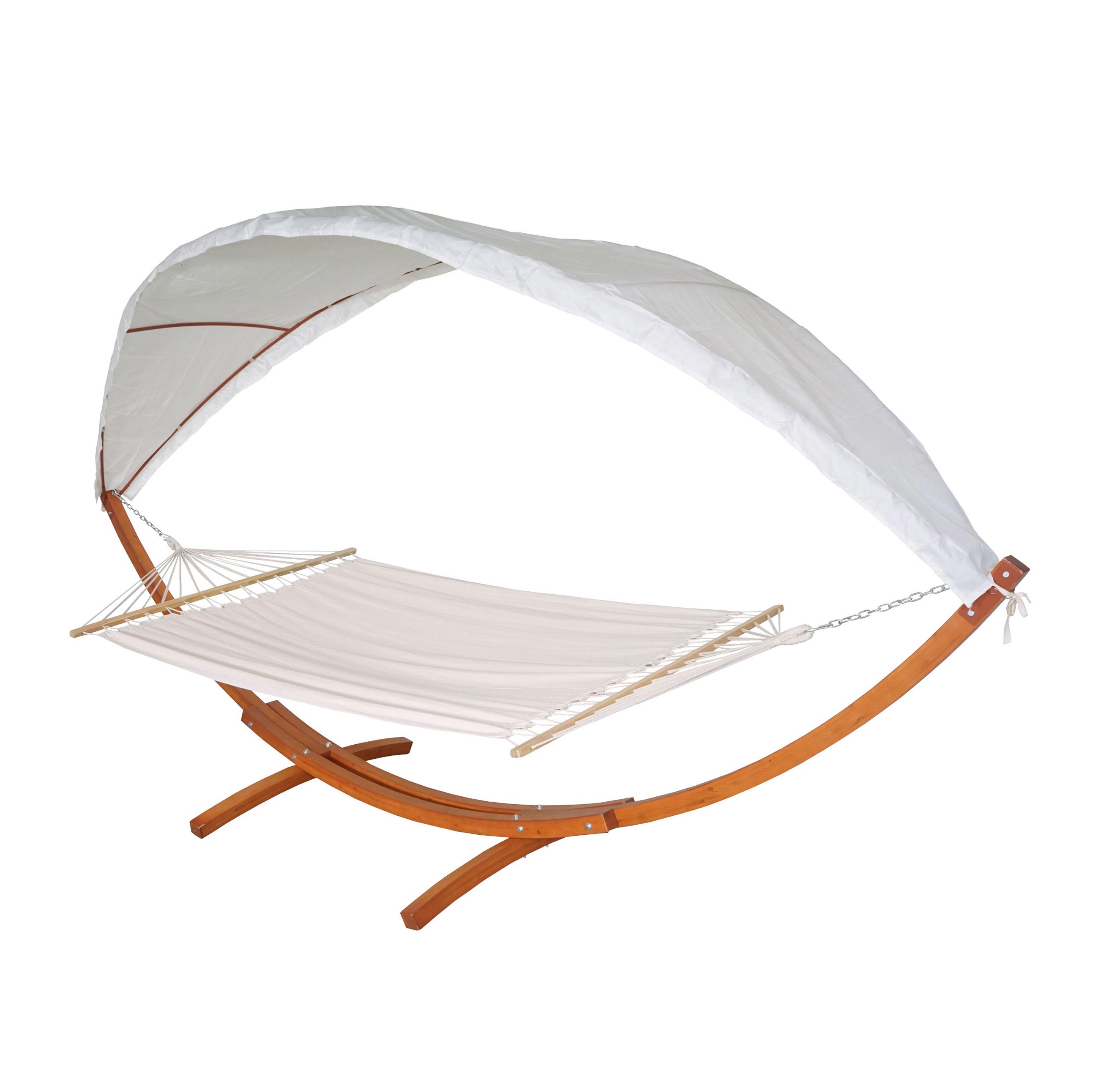 H&auml;ngematte MCW-J47, H&auml;ngeschaukel bis 200kg Sonnendach MVG-Holzgestell 420cm 2 Personen ~ braun, creme-wei&szlig; - Bild 1