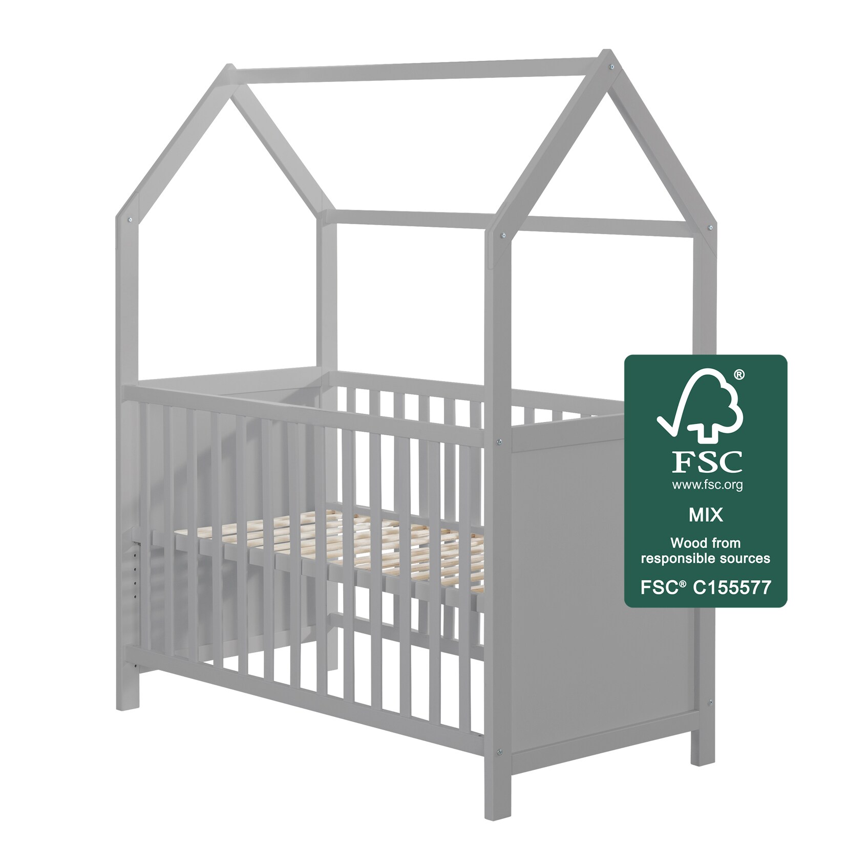 Hausbett 60 x 120 cm, FSC zertifiziert, taupe, 6-fach verstellbar, als Baby- & Beistellbett geeignet | 04005317325569