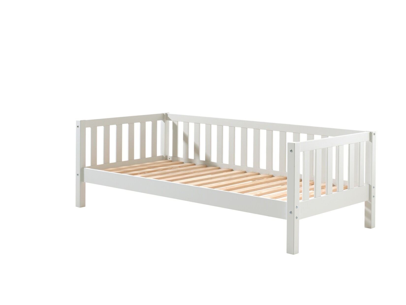 Kojen Bett Fritz mit Sprossenumrandung u. Rolllattenrost, Liegefläche 90 x 200, versch. Ausführungen, Weiß lackiert
