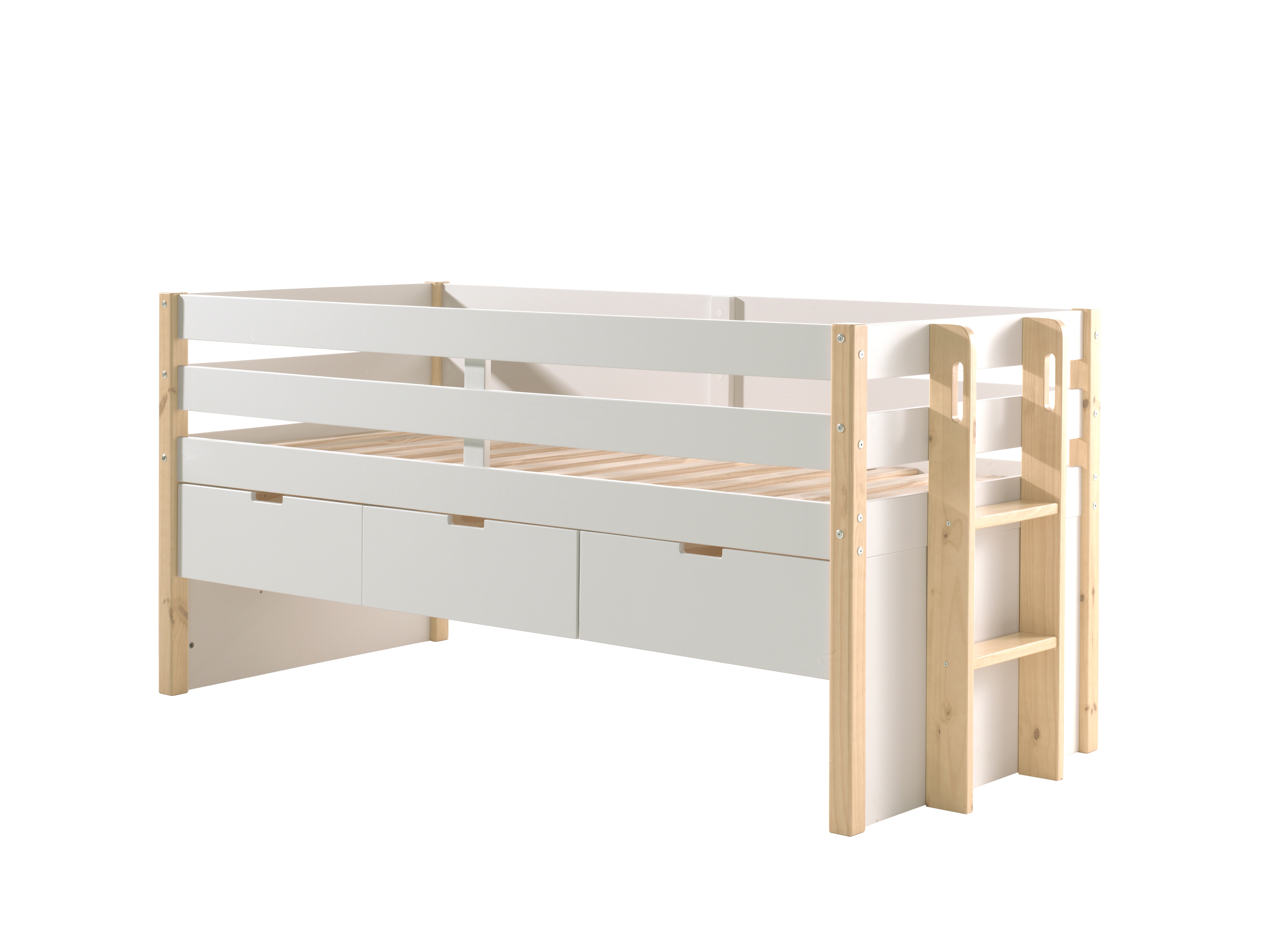 Halbhohes Margrit Bett mit Rolllattenrost, Liegefl&auml;che 90 x 200, inkl. 3 Schubladen, Ausf. Wei&szlig; lackiert, Bettpfosten Kiefer natur lackiert - Bild 1