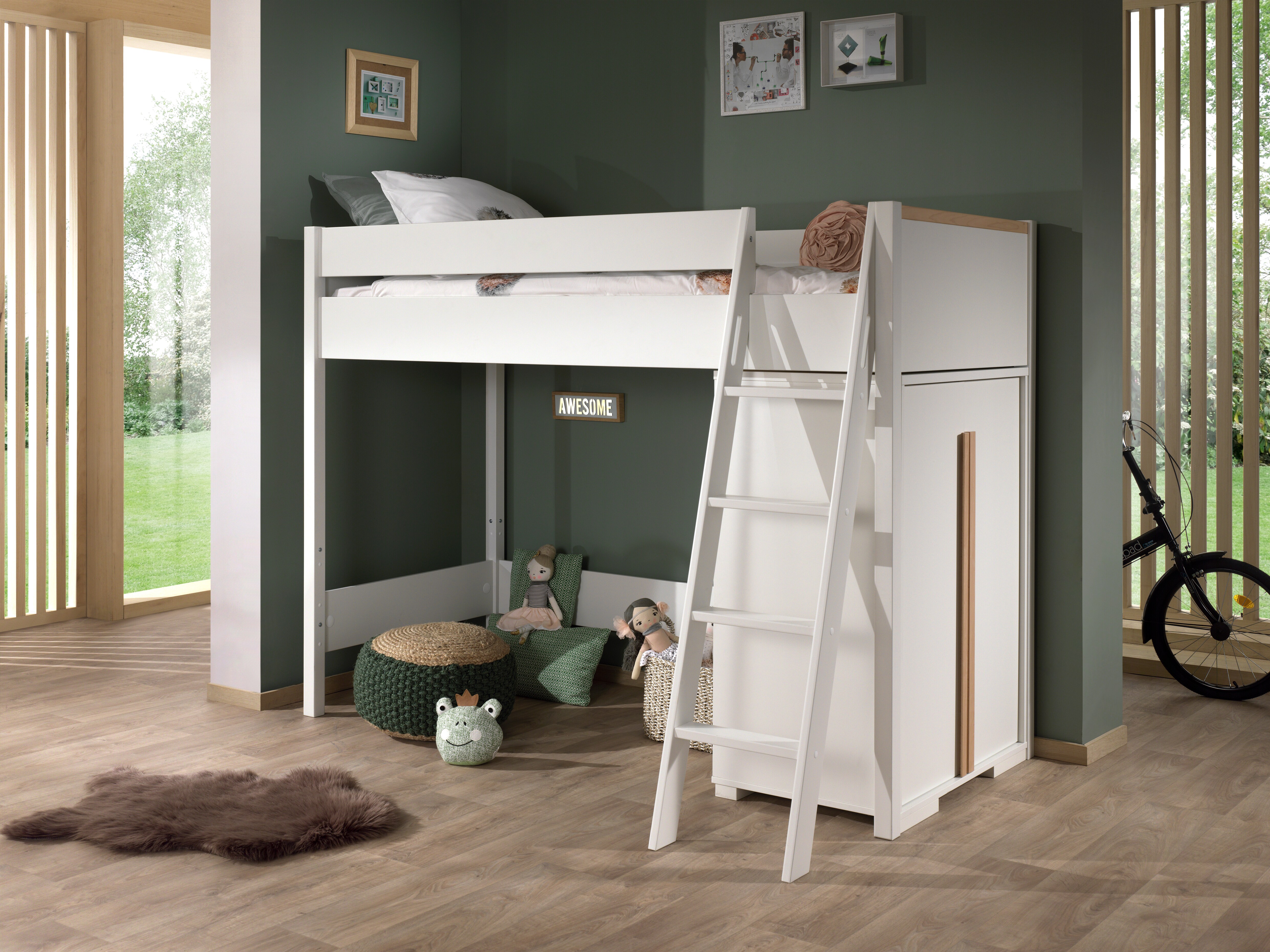 LONDON Hochbett Set, best. aus Hochbett mit Liegefl&auml;che 90 x 200 cm und W&auml;scheschrank, Ausf. Dekor Wei&szlig;, Absatz Buche natur massiv - Bild 1