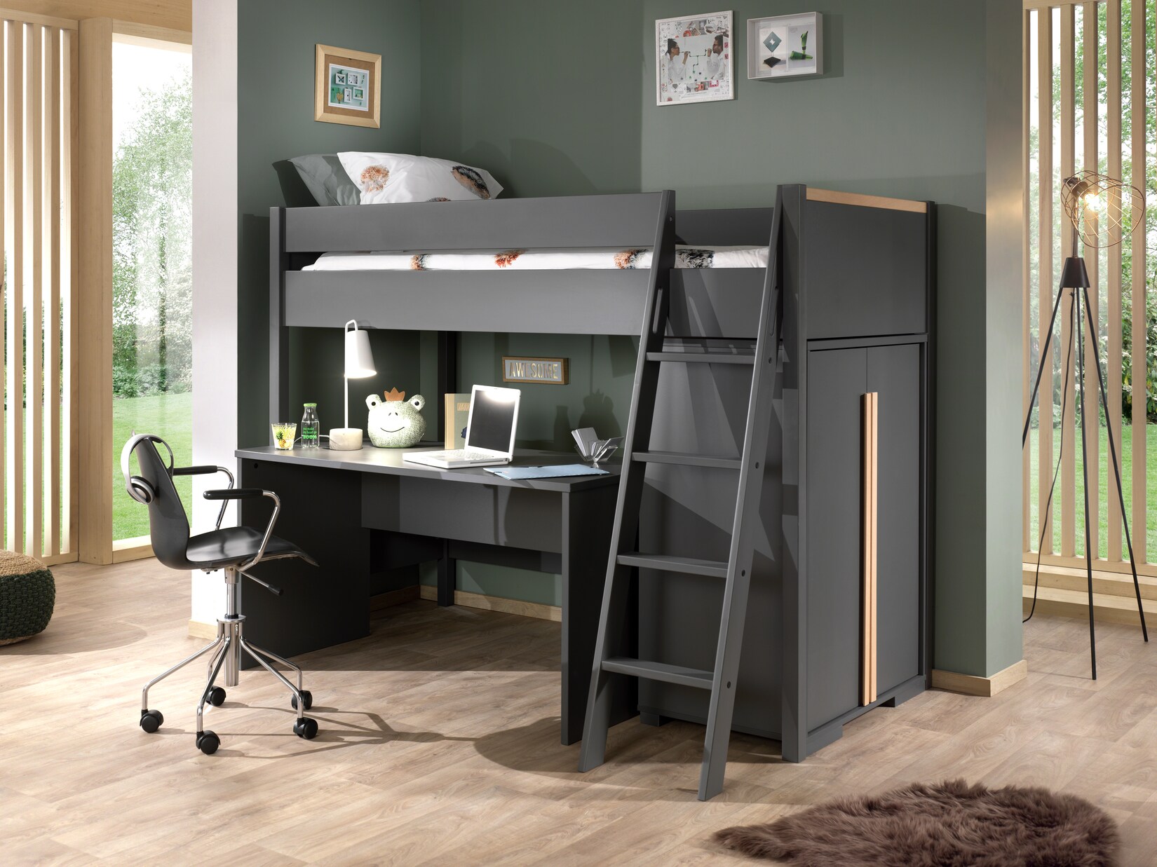 LONDON Hochbett Set, best. aus Hochbett mit Liegefläche 90 x 200 cm, Schreibtisch, Rollcontainer und Wäscheschrank, Ausf. Weiß, Absatz Buche natur massiv | 05420070238519