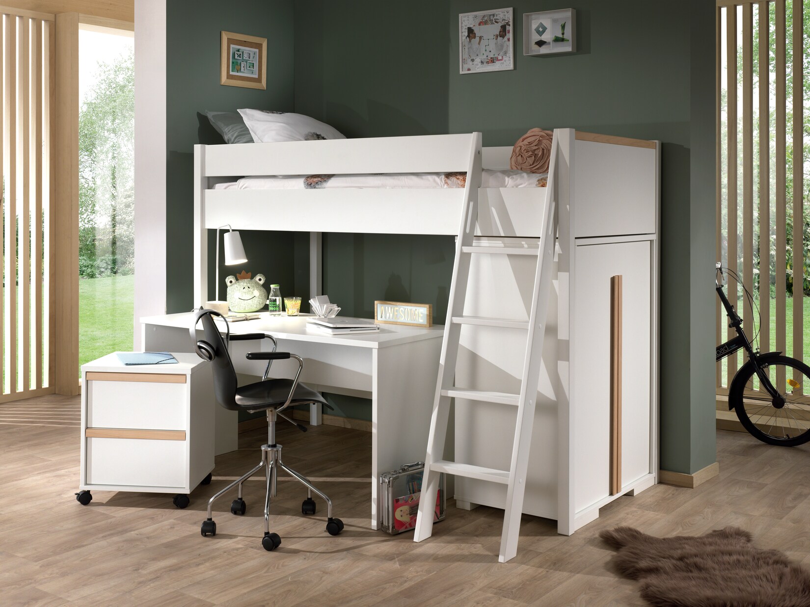 LONDON Hochbett Set, best. aus Hochbett mit Liegefläche 90 x 200 cm, Schreibtisch, Rollcontainer und Wäscheschrank, Ausf. Weiß, Absatz Buche natur massiv | 05420070238373