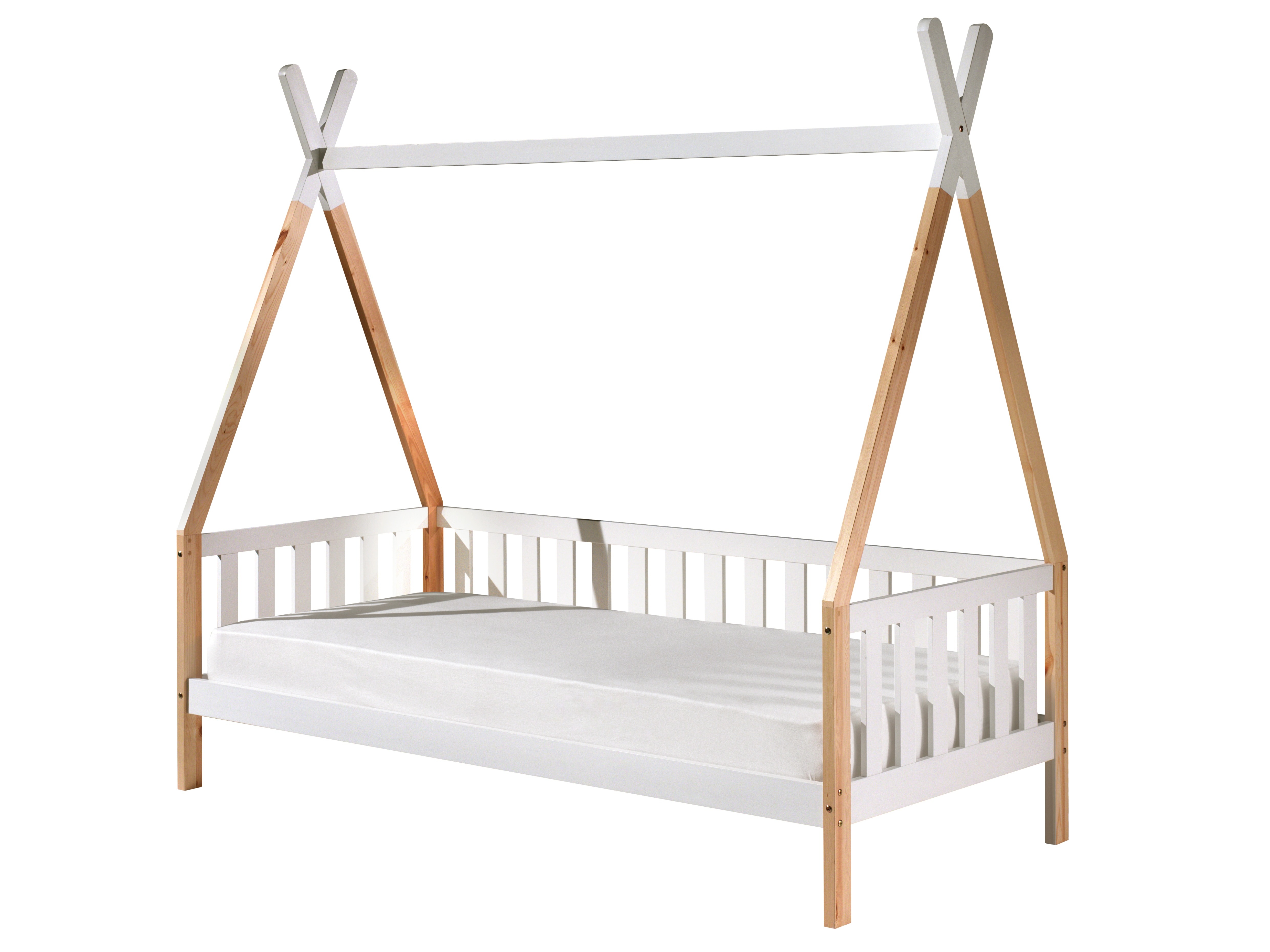 Tipi Kojen Bett mit Umrandung, Dachgest&auml;nge und Rolllattenrost, Liegefl&auml;che 90 x 200 cm, Ausf. Kiefer massive natur und wei&szlig; lackiert - Bild 1
