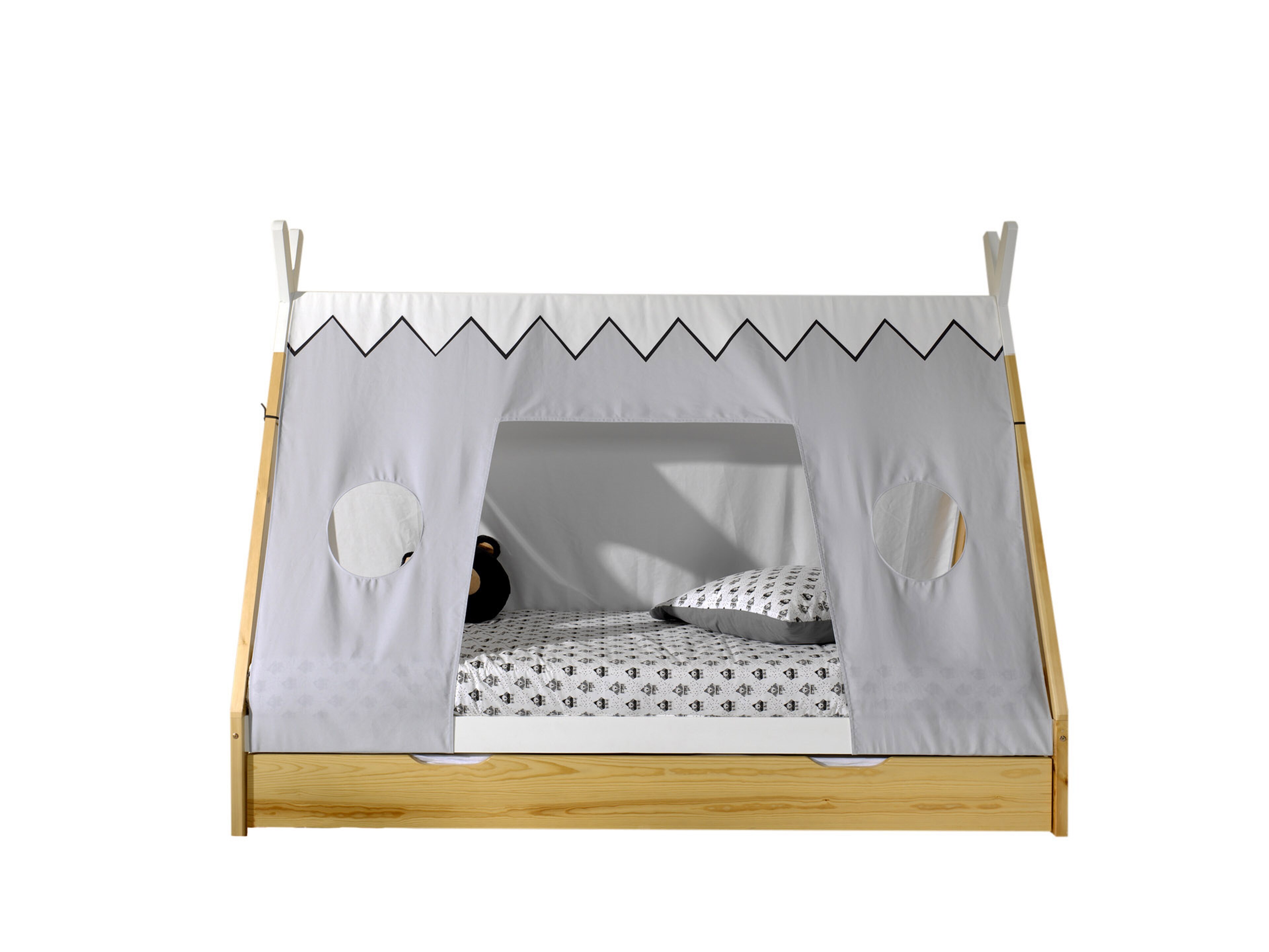 Tipi Zelt Bett Liegefl&auml;che 90 x 200 cm, inkl. Rolllattenrost, Bettschublade und Textilzeltdach, Ausf. Kiefer massiv natur/wei&szlig;-  Bettschublade farbe natur - Bild 1