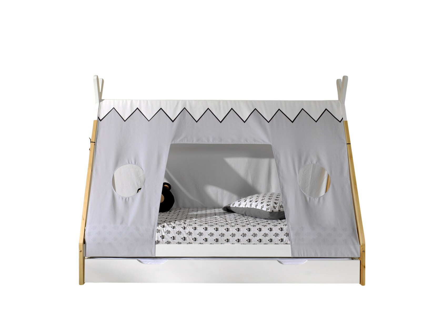 Vipack Tipi Zelt Bett Liegefläche 90 x 200 cm, inkl. Rolllattenrost, Bettschublade und Textilzeltdach, Ausf. Kiefer massiv natur/weiß- Bettschublade farbe weiß