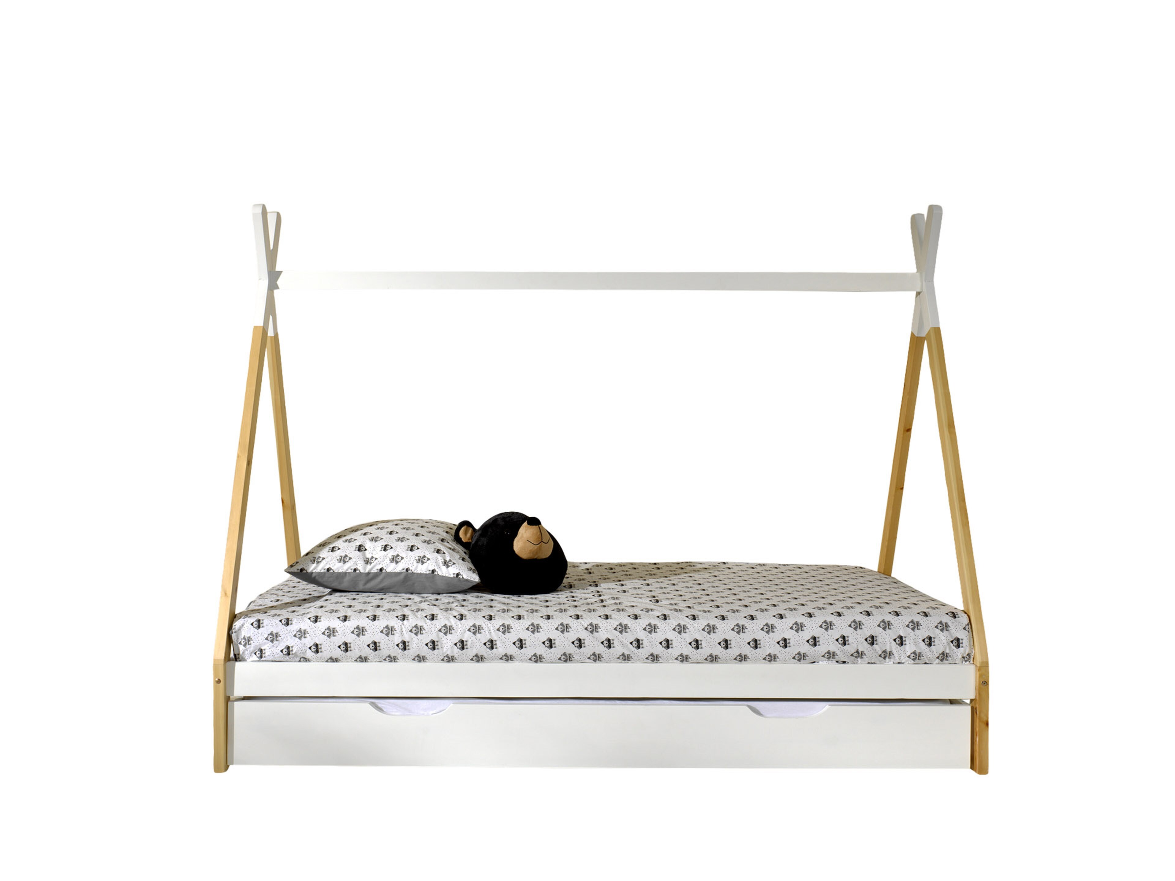 Tipi Zelt Bett Liegefl&auml;che 90 x 200 cm, inkl. Rolllattenrost und Bettschublade (Wei&szlig;), Ausf. Kiefer massiv natur/wei&szlig; - Bild 1