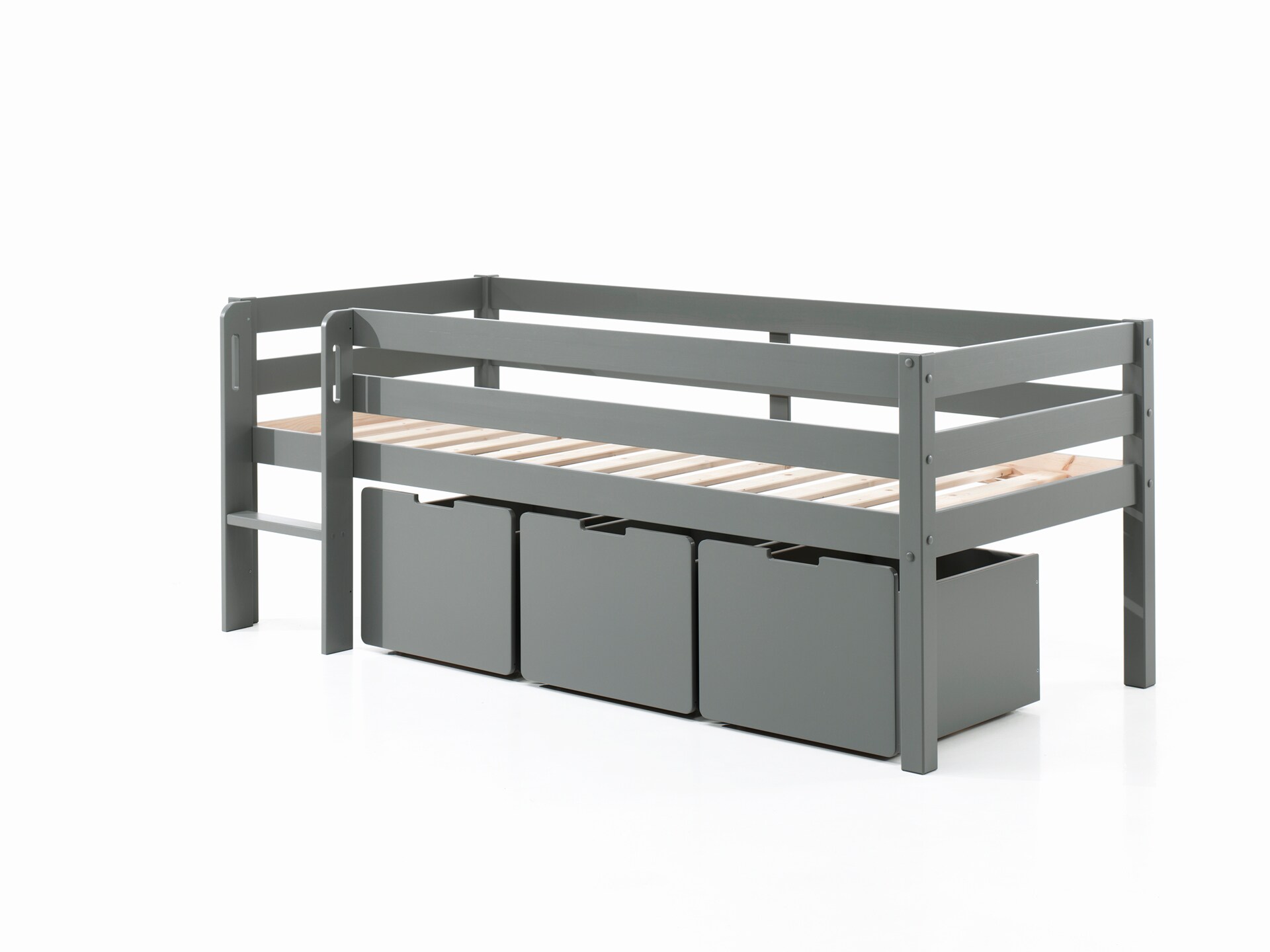 Kojen-Spielbett mit Liegefl&auml;che 90 x 200 cm, inkl. Leiter, Rolllattenrost und 3 Schubk&auml;sten, Kiefer und MDF grau lackiert - Bild 1