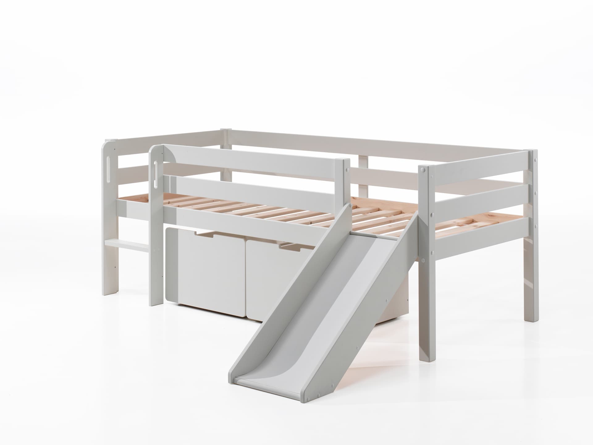 Kojen-Spielbett mit Liegefl&auml;che 90 x 200 cm, inkl. Leiter, Rutsche, Rolllattenrost und 2 Schubk&auml;sten, Kiefer und MDF wei&szlig; lackiert - Bild 1