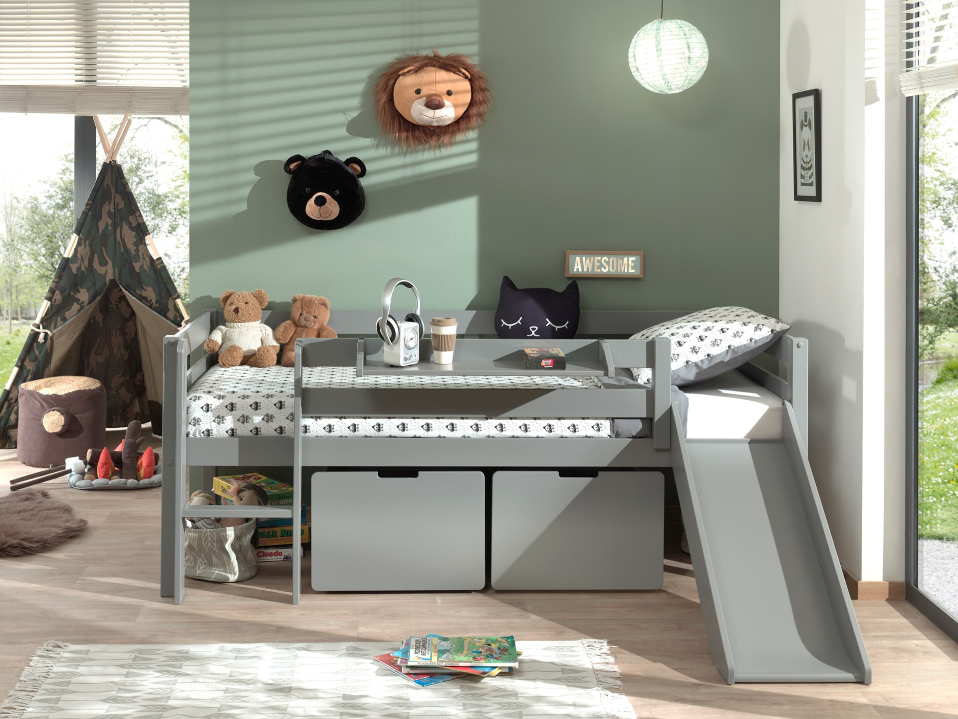 Kojen-Spielbett mit Liegefl&auml;che 90 x 200 cm, inkl. Leiter, Regal, Rutsche, Rolllattenrost und 2 Schubk&auml;sten, Kiefer und MDF grau lackiert - Bild 1