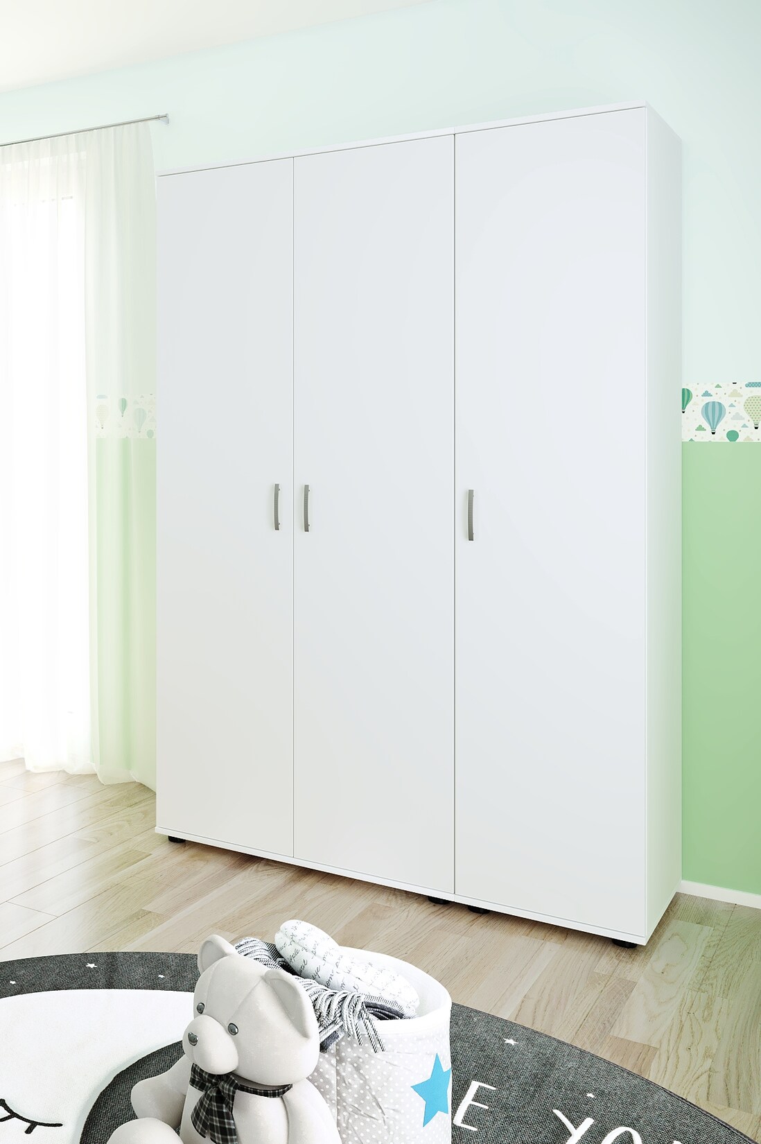 nonjoo. Babyzimmer Lunis Kleiderschrank 3-trg., mit Fachböden, Kleiderstange und Wäschefächern | 04260347792440
