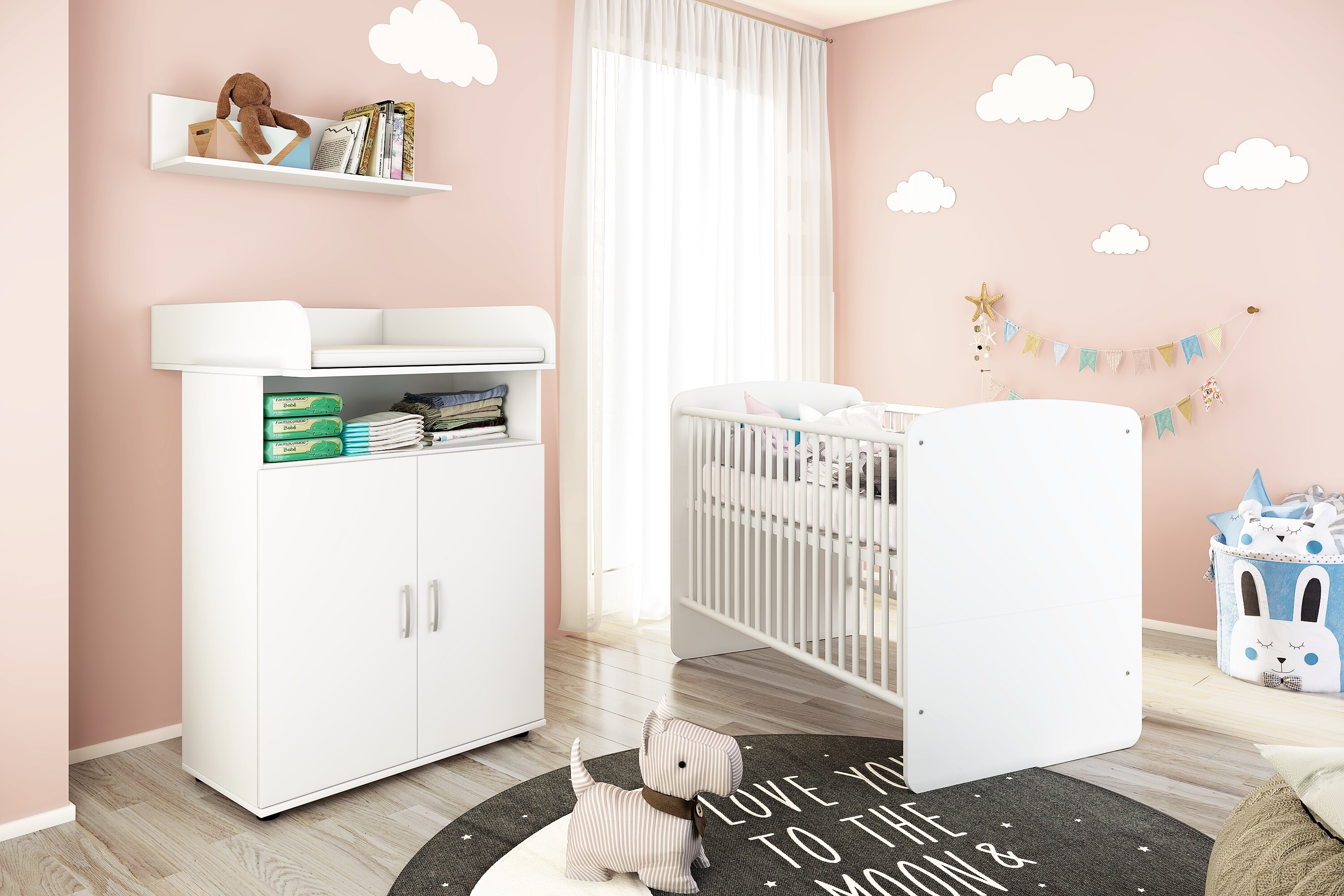 nonjoo. Babyzimmer Lunis Set 1: best. aus Babybett, Kommode, Wickelaufsatz und Wandboard - Bild 1