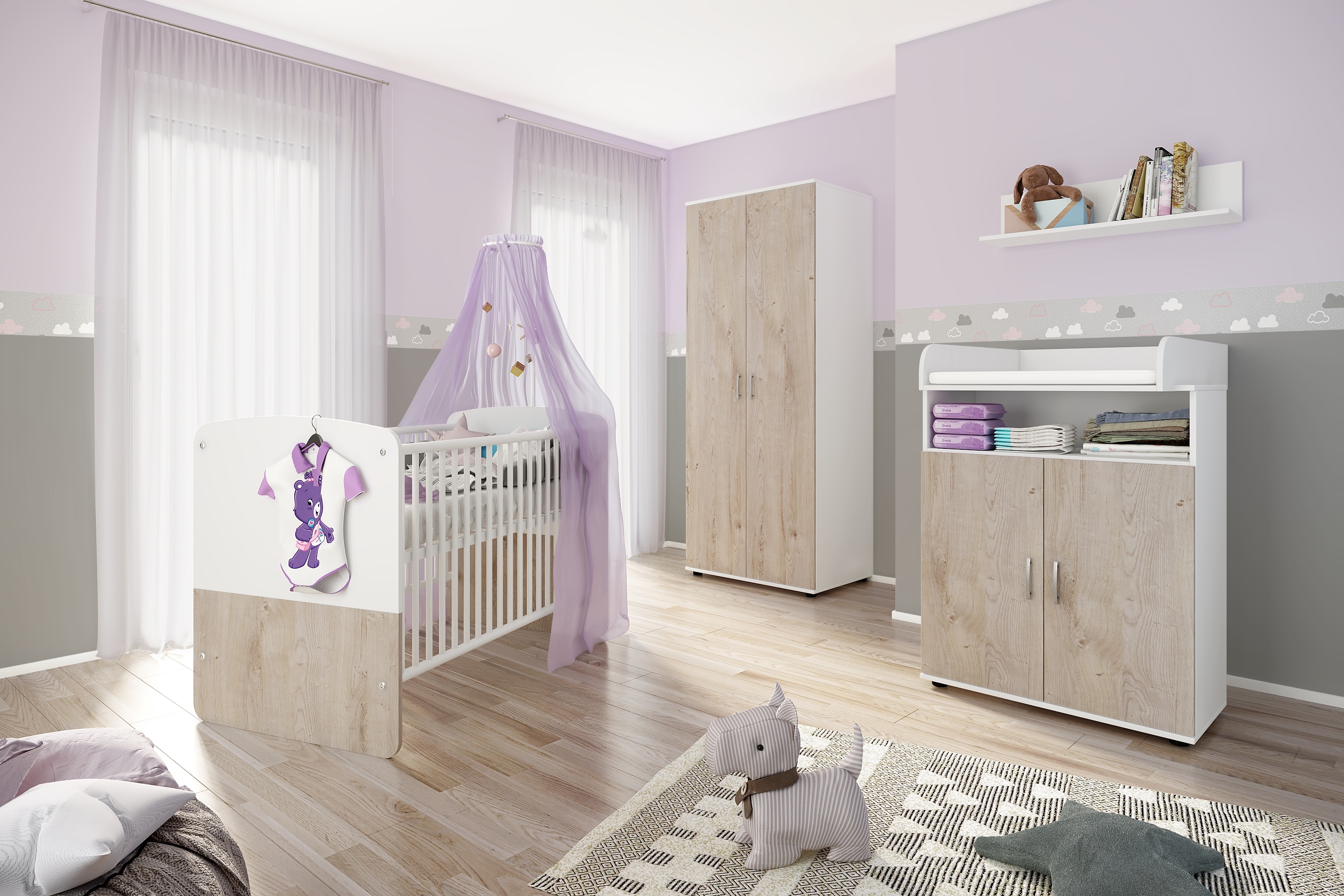 nonjoo. Babyzimmer Hanna Set 3: best. aus Babybett, Kommode, Wickelaufsatz, Wandboard und Kleiderschrank 2-trg. - Bild 1