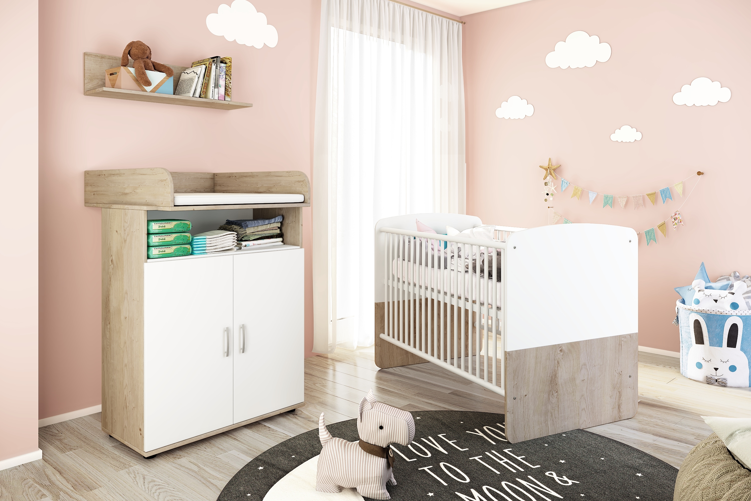 nonjoo. Babyzimmer Lani Set 1: best. aus Babybett, Kommode, Wickelaufsatz und Wandboard - Bild 1