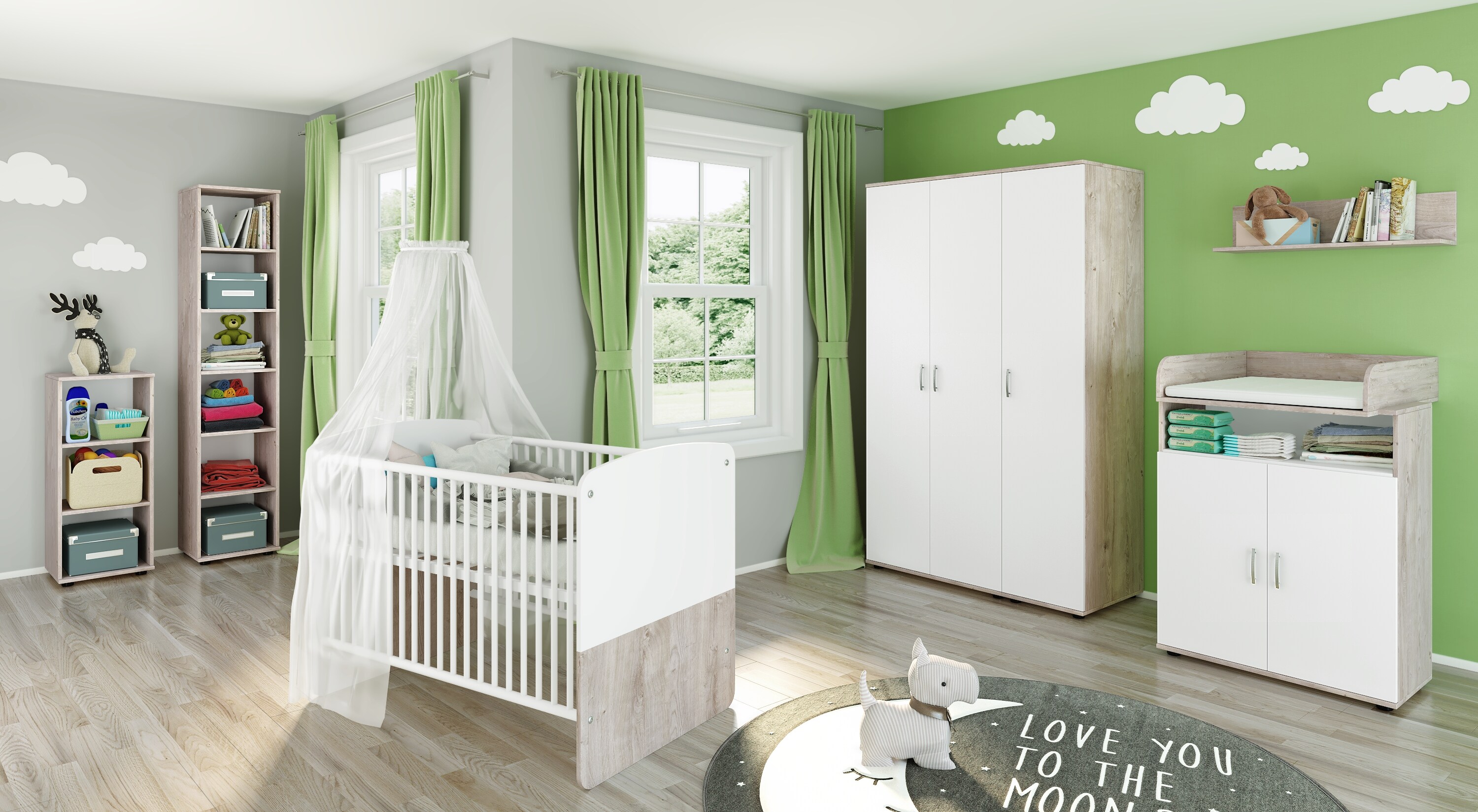 nonjoo. Babyzimmer Lani Set 10: best. aus Babybett, Kommode, Wickelaufsatz, Wandboard, Regal mit 3 F&auml;chern, Regal mit 6 F&auml;chern und Kleiderschrank 3-trg. - Bild 1