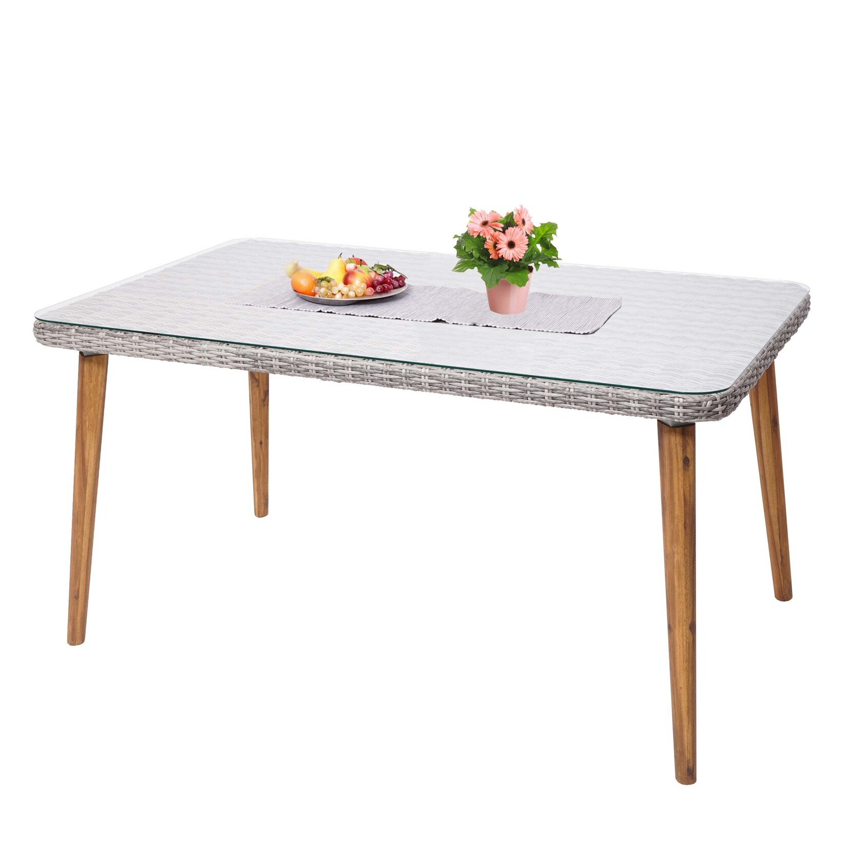 Poly-Rattan Esstisch MCW-H65, Garten-/Lounge-Tisch, Stahl + Akazie halbrundes Poly-Rattan MVG 150x90cm ~ grau | 04057651515656