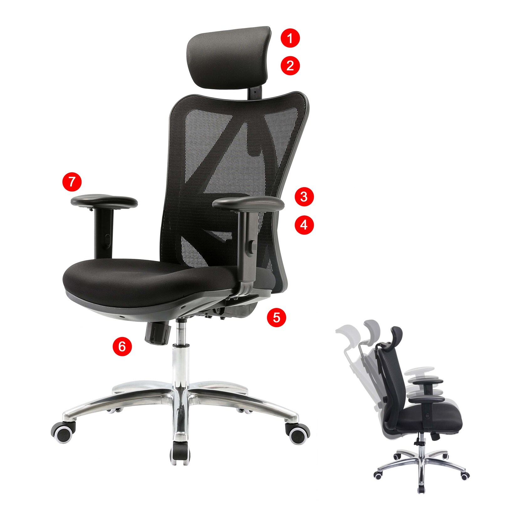 SIHOO Bürostuhl Schreibtischstuhl, ergonomisch, verstellbare Lordosenstütze, 150kg belastbar ~ ohne Fußstütze schwarz