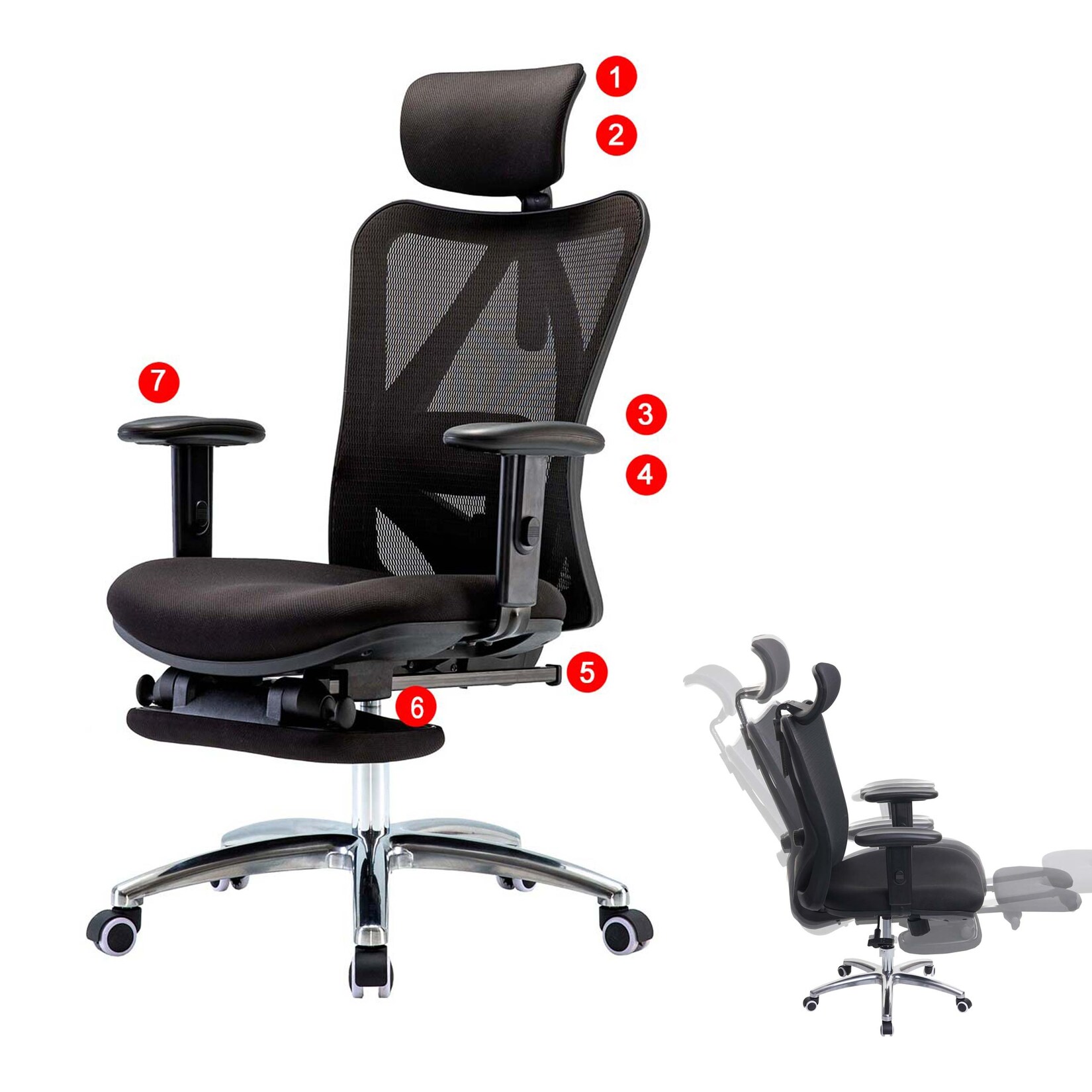 SIHOO Bürostuhl Schreibtischstuhl, ergonomisch, verstellbare Lordosenstütze, 150kg belastbar ~ mit Fußstütze, schwarz