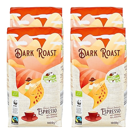 Bio Espresso Fair Trade Ganze Kaffeebohnen Dark Roast 1 kg, 4er Pack - Bild 1