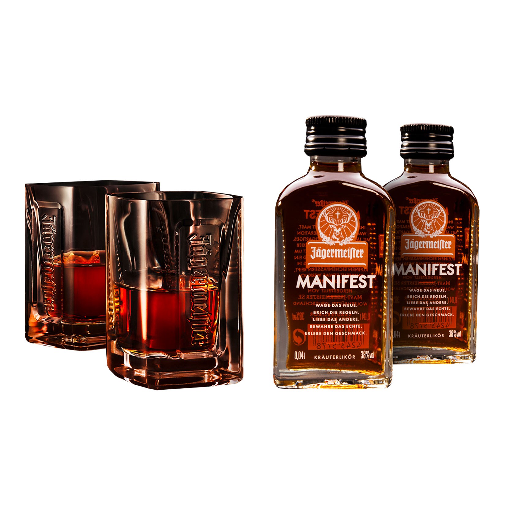 J&auml;germeister Manifest 38,0 % vol 2 x 40ml Tastingset mit 2 Gl&auml;sern - Bild 1
