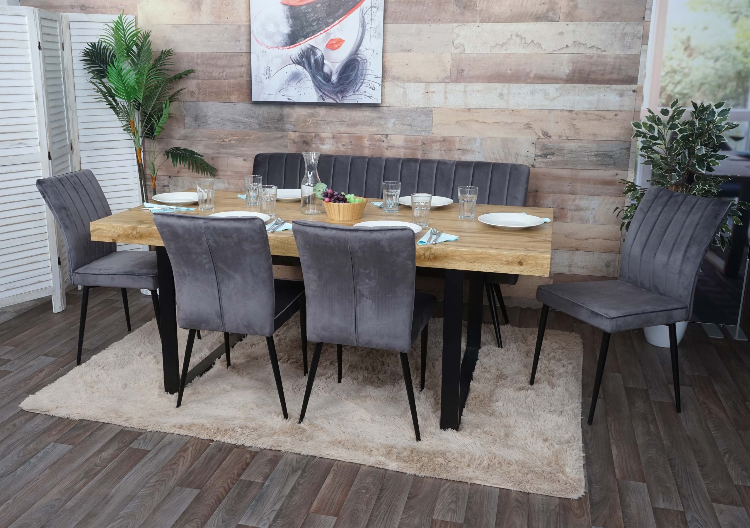 Esszimmer-Set MCW-K16, 4er-Set Stuhl+Sitzbank Esszimmergruppe Sitzgruppe Esszimmergarnitur, Samt Metall ~ dunkelgrau - Bild 1