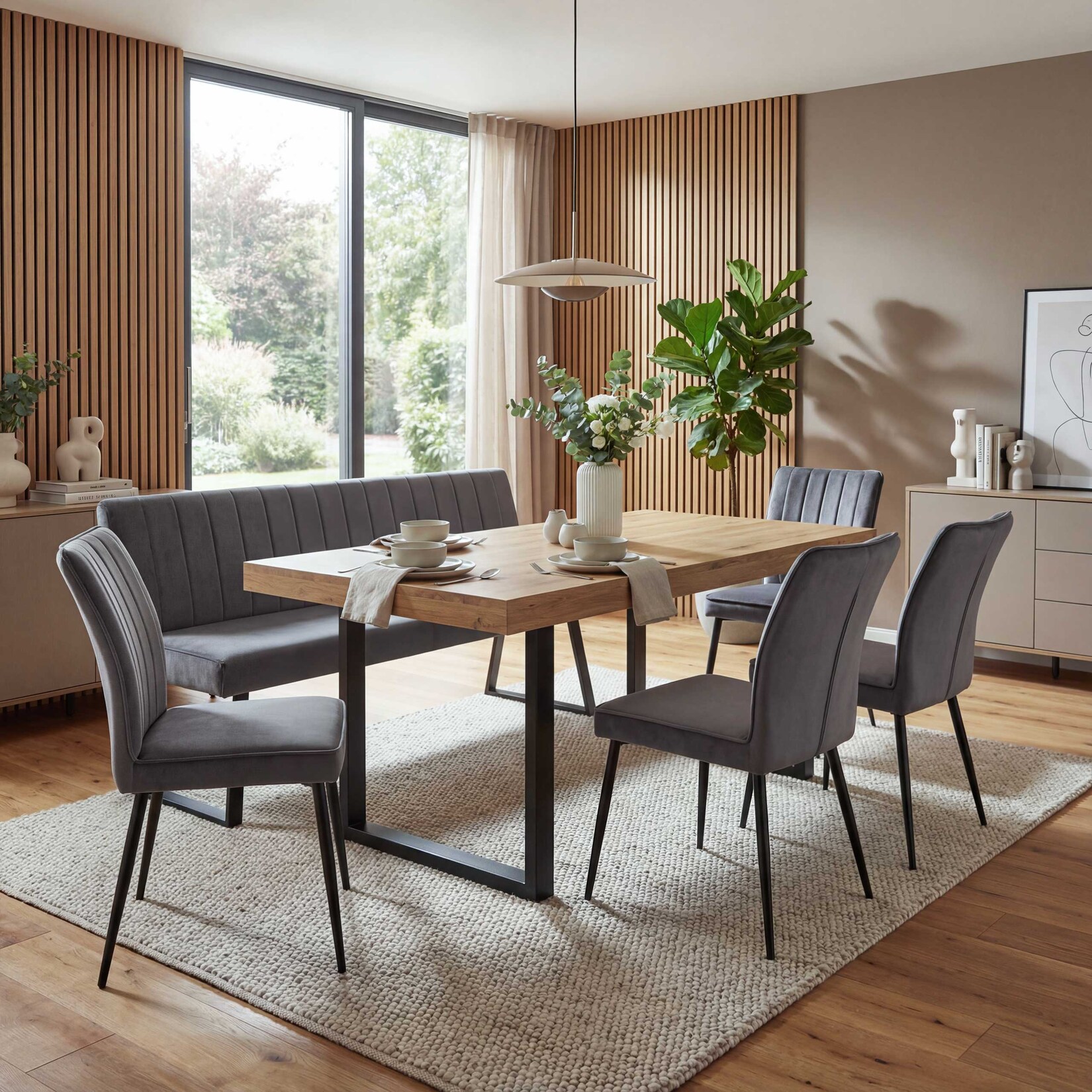 Esszimmer-Set MCW-K16, 4er-Set Stuhl+Sitzbank Esszimmergruppe Sitzgruppe Esszimmergarnitur, Samt Metall ~ dunkelgrau