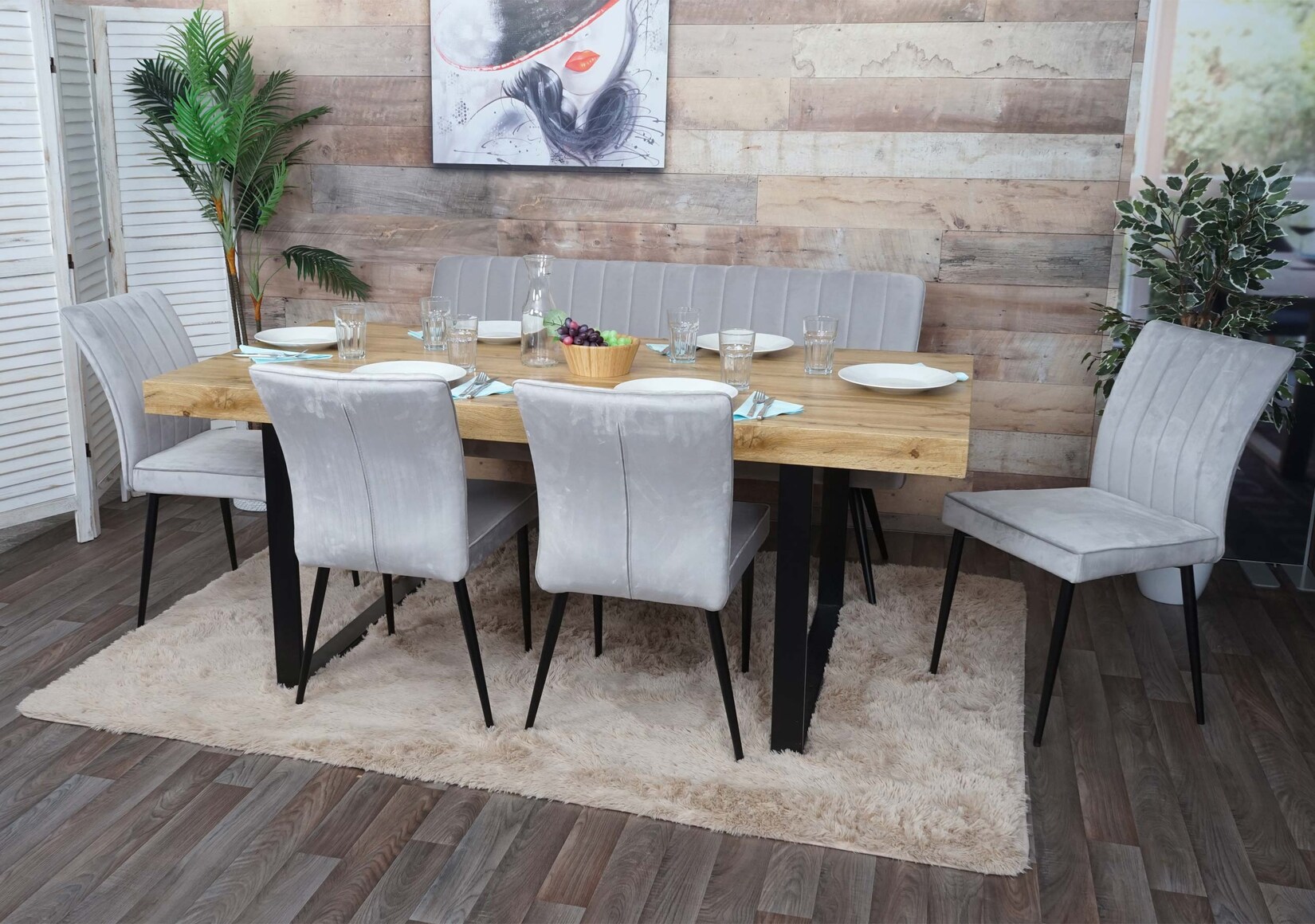 Esszimmer-Set MCW-K16, 4er-Set Stuhl+Sitzbank Esszimmergruppe Sitzgruppe Esszimmergarnitur, Samt Metall ~ hellgrau | 04057651533322