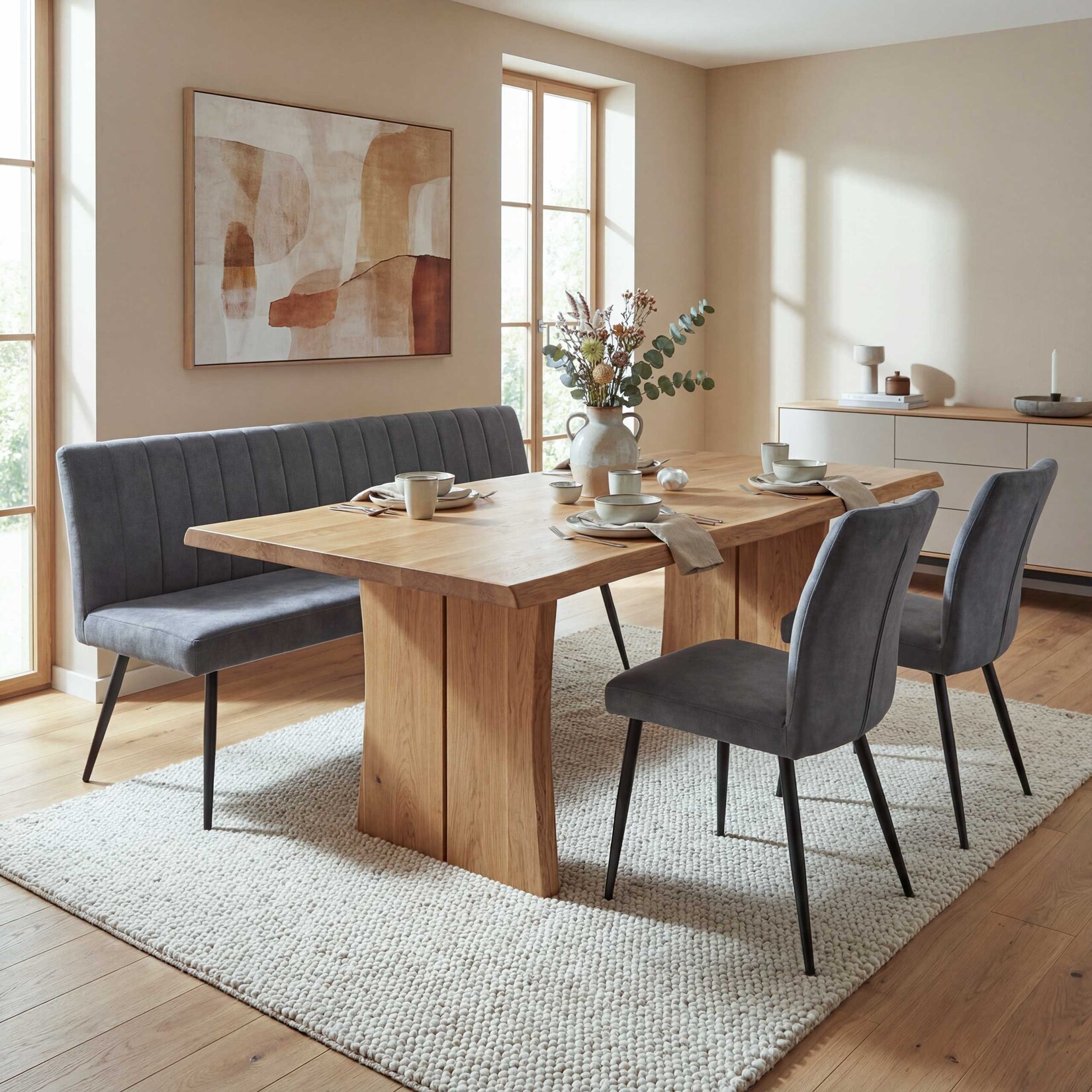 Esszimmer-Set MCW-K16, 2er-Set Stuhl+Sitzbank Esszimmergruppe Sitzgruppe Esszimmergarnitur, Samt Metall ~ dunkelgrau