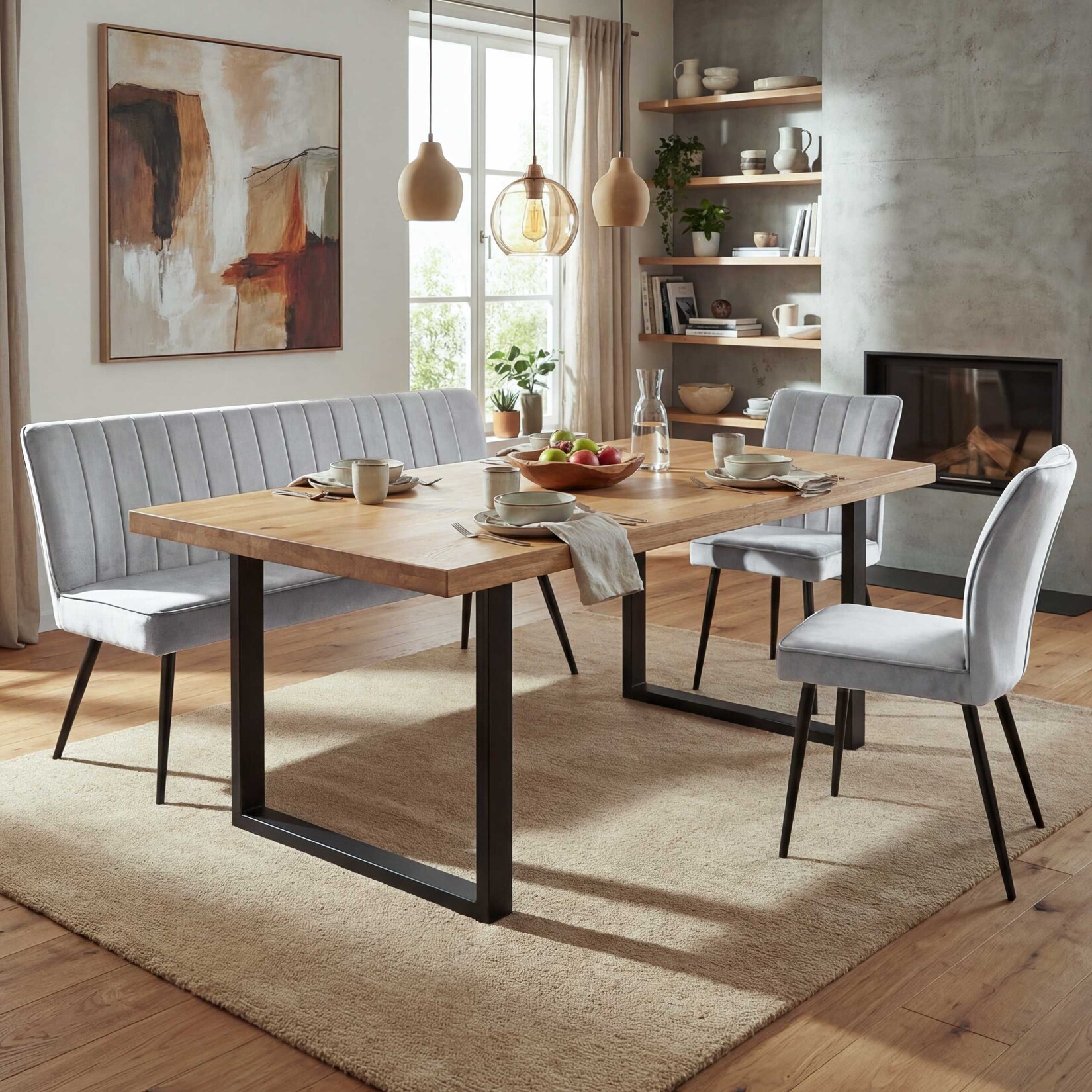 Esszimmer-Set MCW-K16, 2er-Set Stuhl+Sitzbank Esszimmergruppe Sitzgruppe Esszimmergarnitur, Samt Metall ~ hellgrau